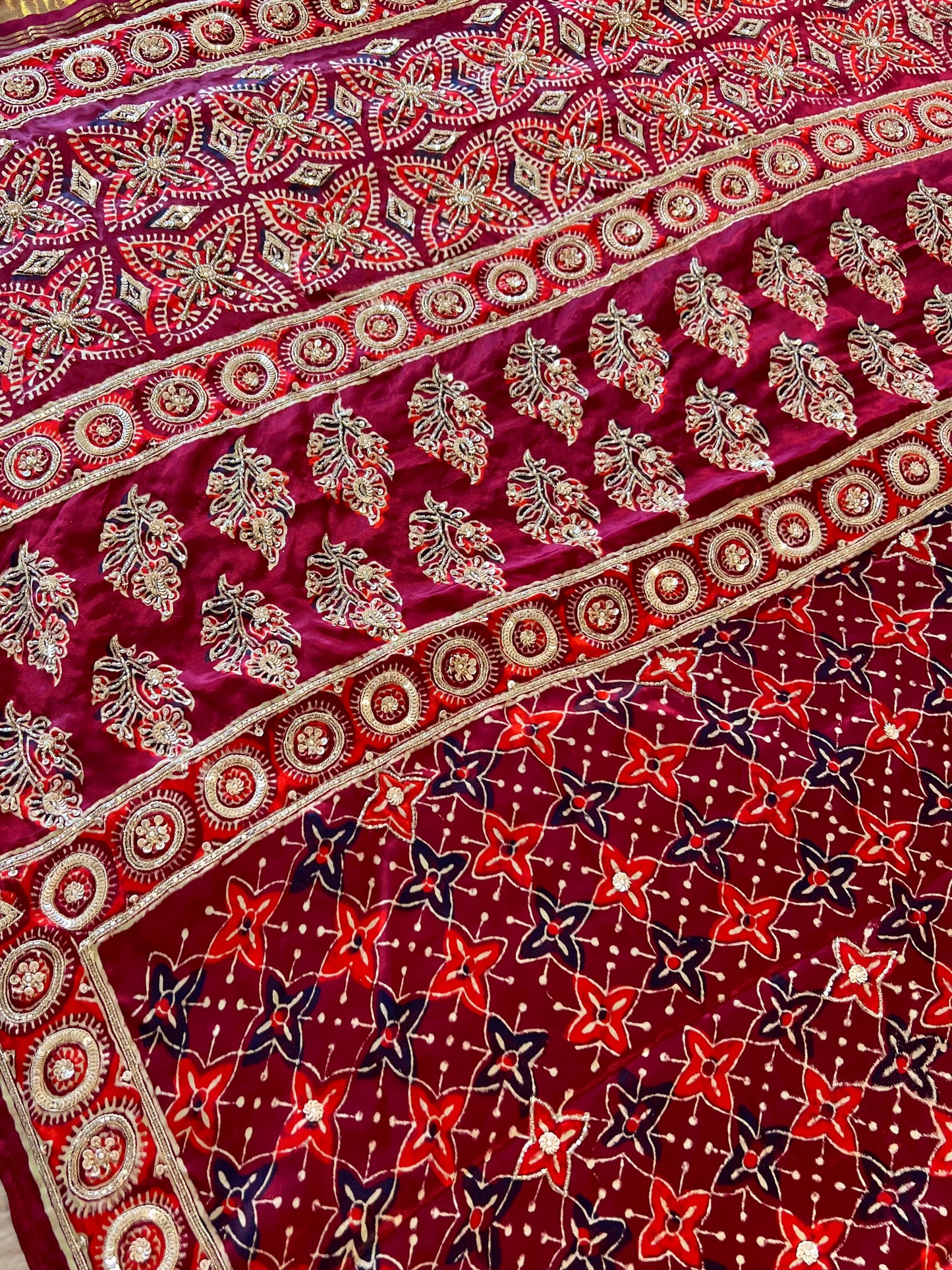 ROYAL GARNET - Pure Modal Ajrakh Hand Embroidered Saree