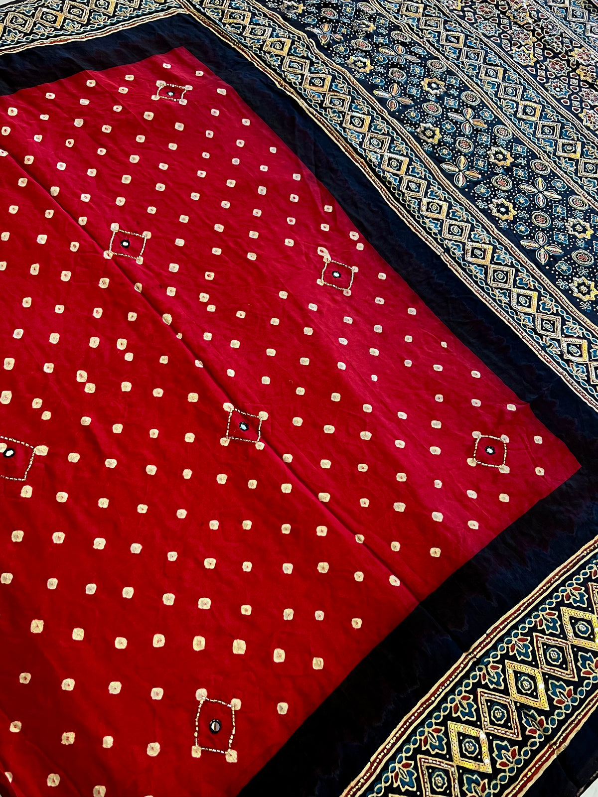 RED ROYALTY - Pure Modal Bandhani Ajrakh Hand Embroidered Saree