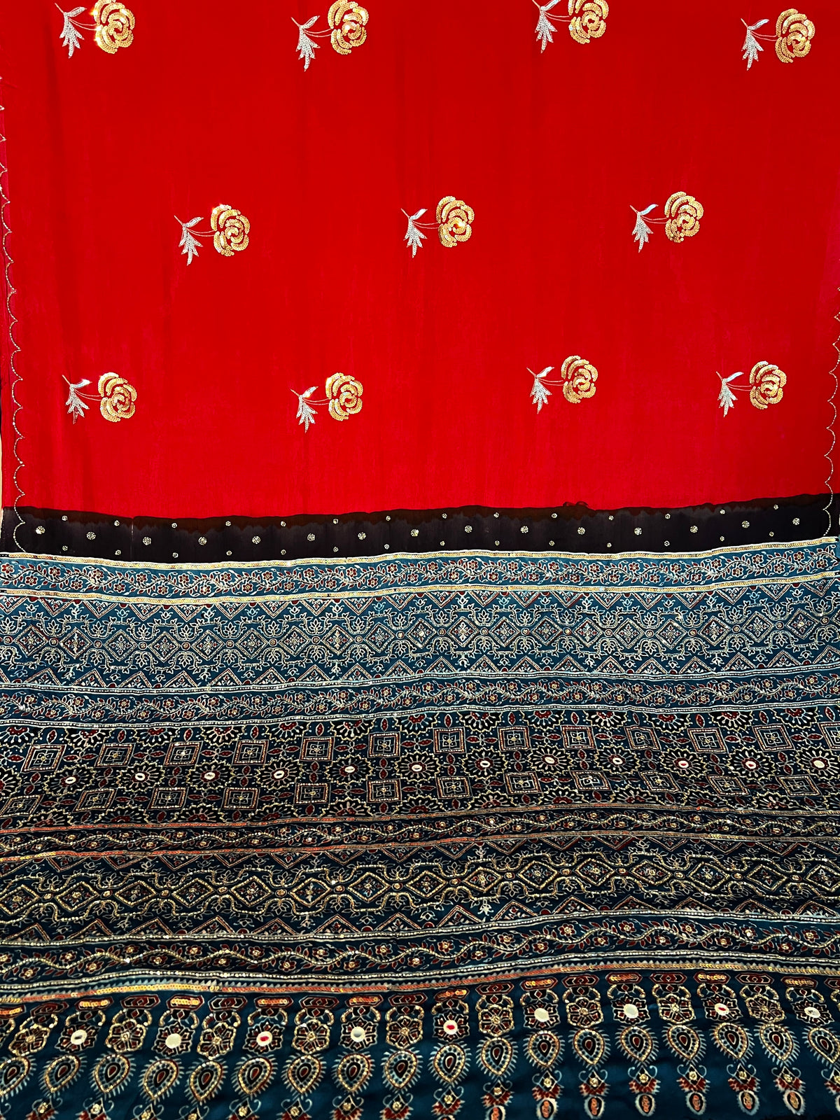 CRIMSON ROSE - Pure Modal Ajrakh Hand Embroidered Saree