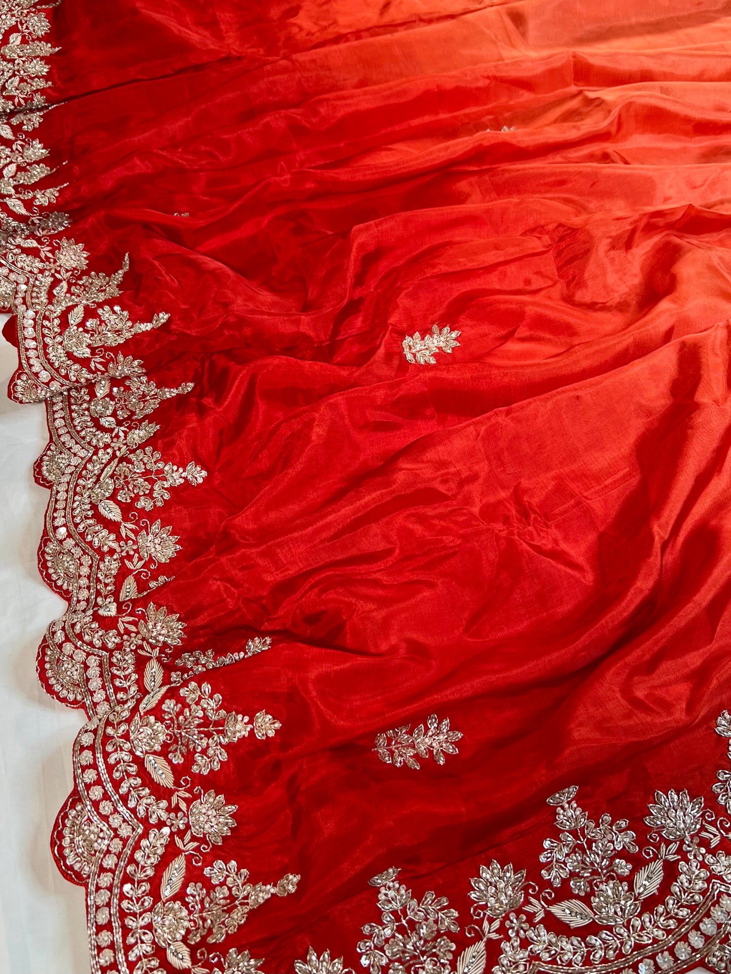 Orange - Red Ombré Zardosi Embroidered Crepe Designer Saree with Unstitched Blouse