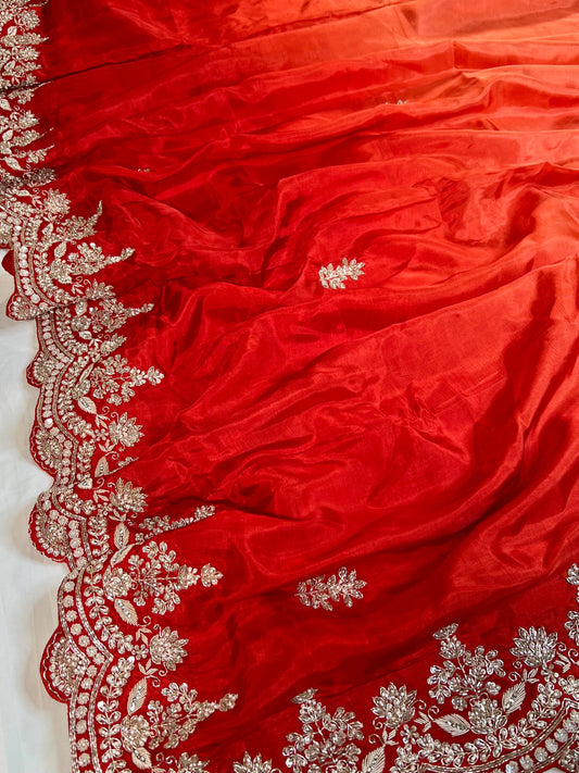 Orange - Red Ombré Zardosi Embroidered Crepe Designer Saree with Unstitched Blouse