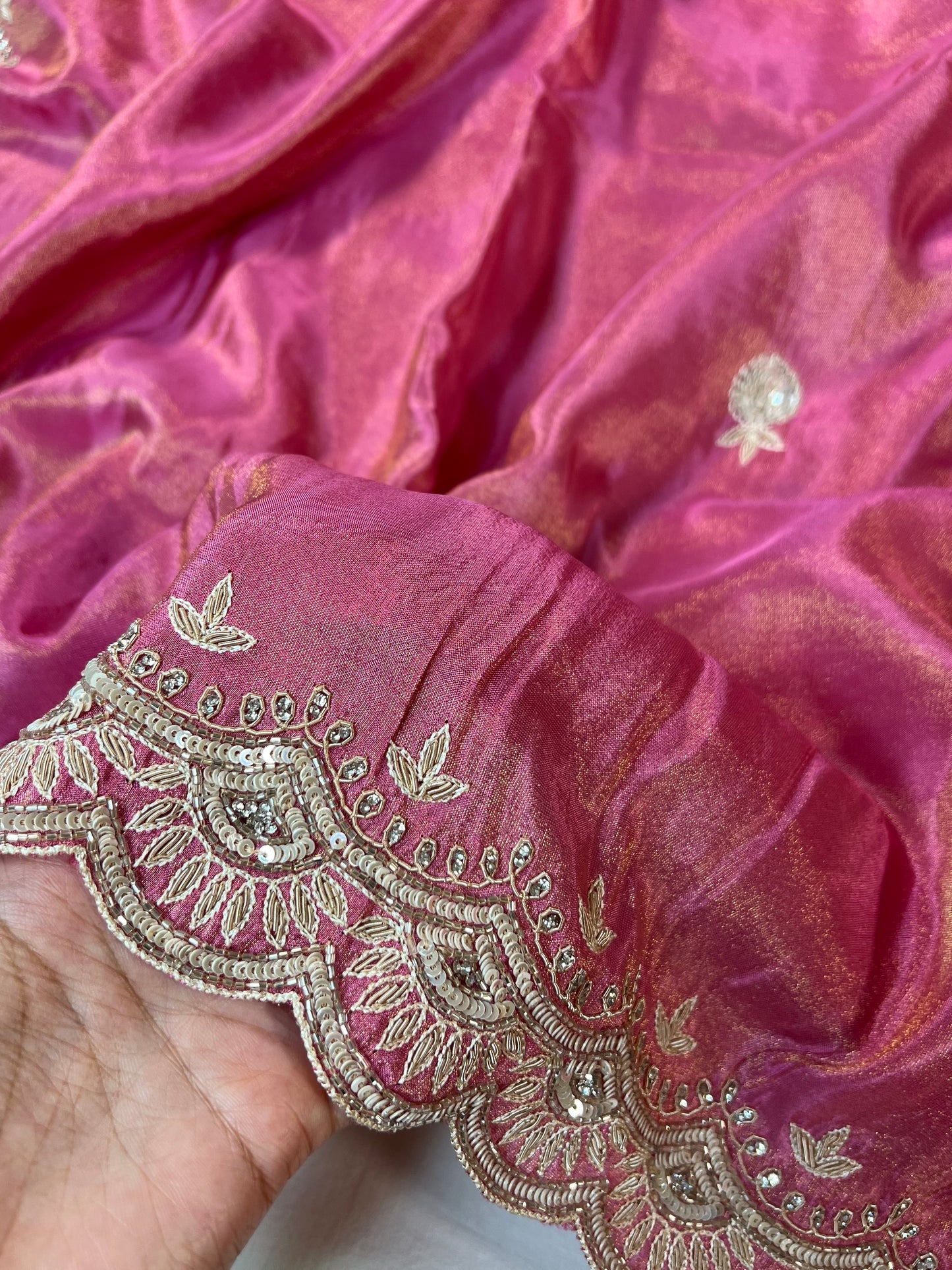 Pink Zardosi Embroidered Tissue Designer Saree with Unstitched Blouse