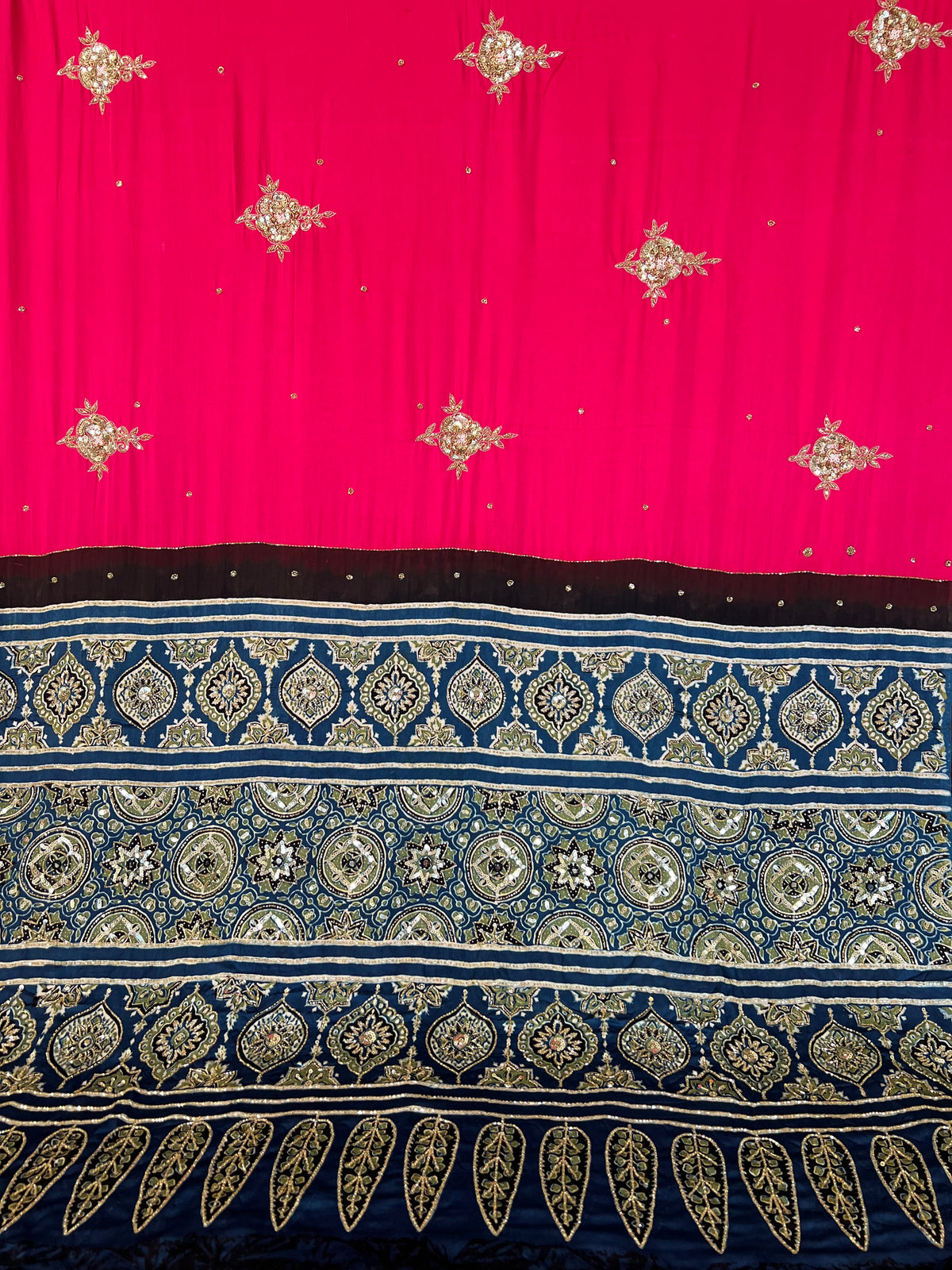 WHIMSY ROSE - Pure Modal Ajrakh Hand Embroidered Saree