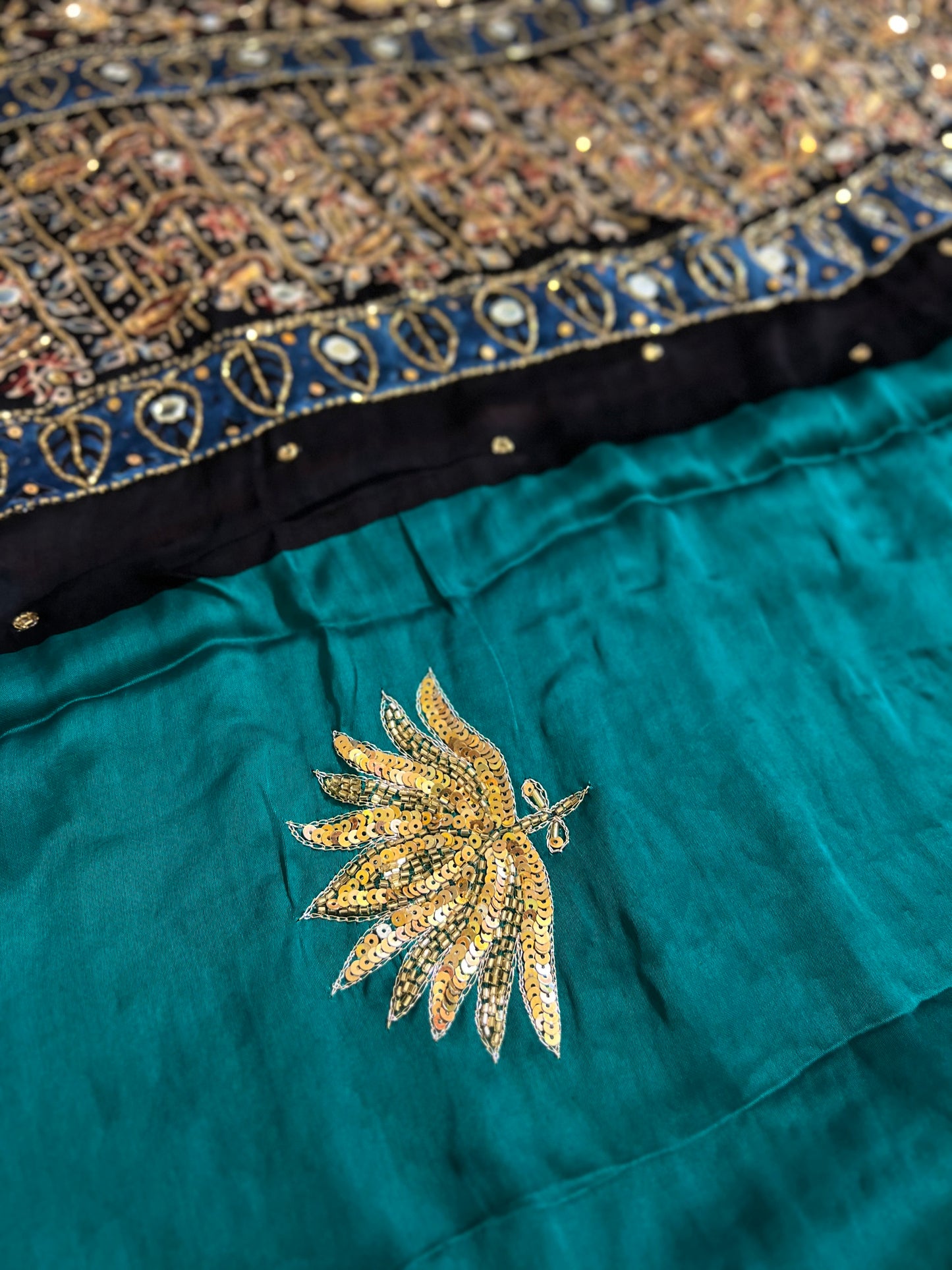 JADE LOTUS - Pure Modal Ajrakh Hand Embroidered Saree