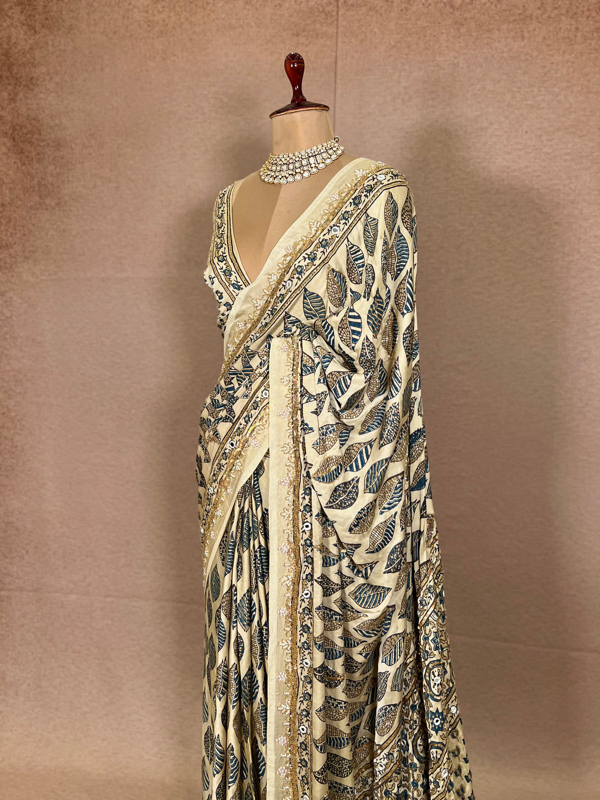 IVORY DREAMSCAPE - Pure Modal Ajrakh Hand Embroidered Saree