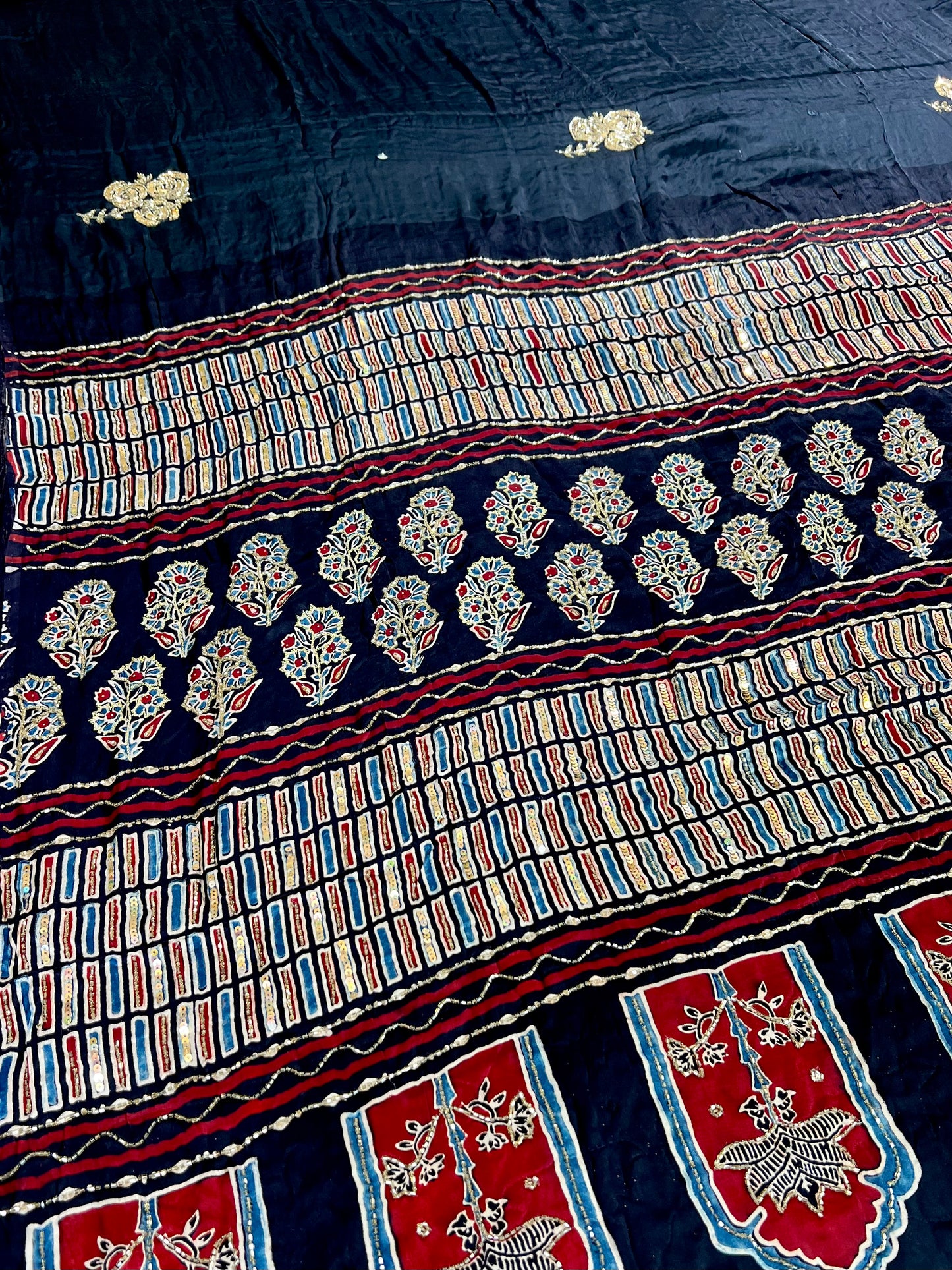 NIGHT ROSE - Pure Modal Ajrakh Hand Embroidered Saree