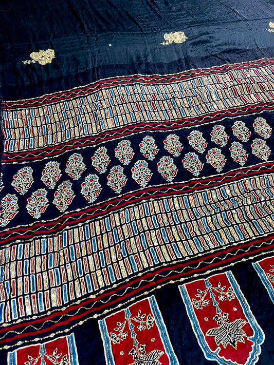 NIGHT ROSE - Pure Modal Ajrakh Hand Embroidered Saree