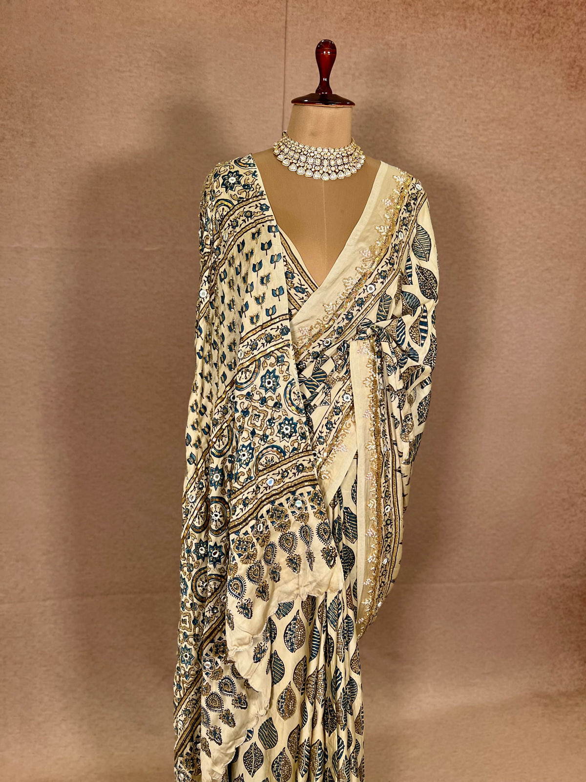IVORY DREAMSCAPE - Pure Modal Ajrakh Hand Embroidered Saree