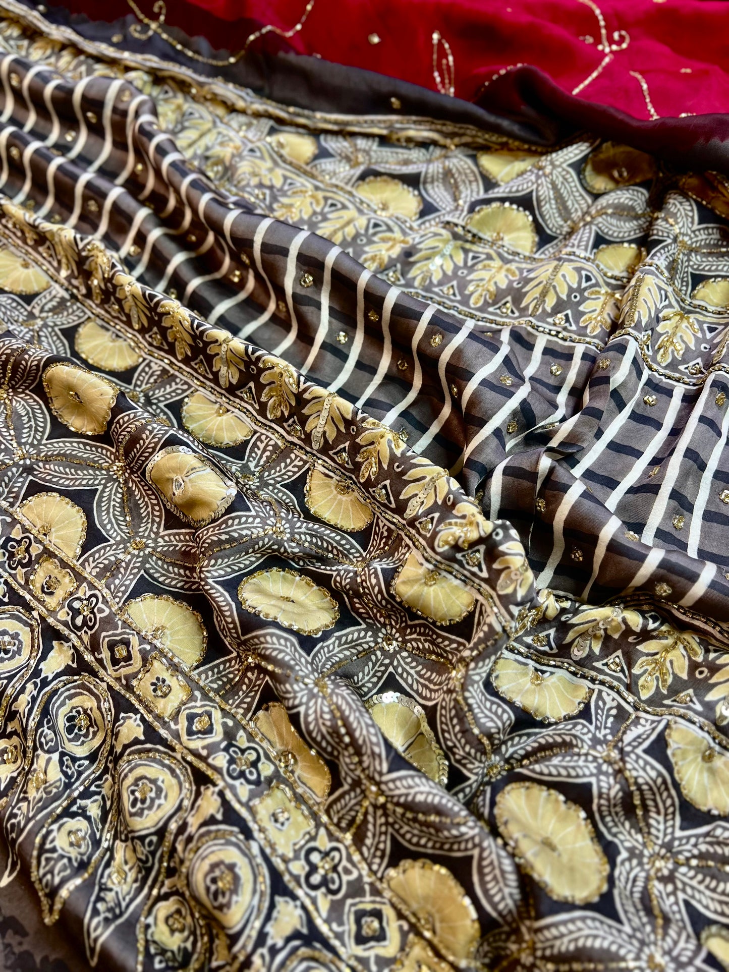 RUBY SPARKLE - Pure Modal Ajrakh Hand Embroidered Saree