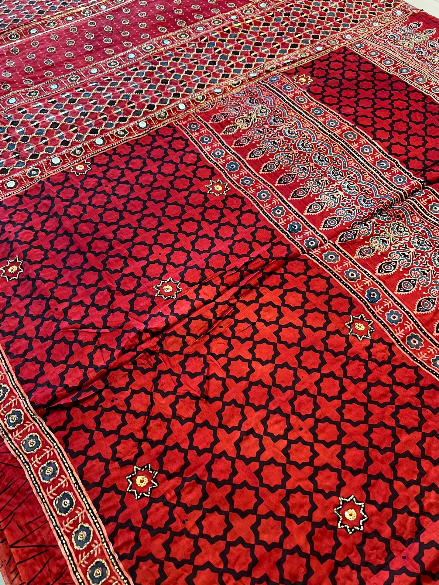 CHERRY BLOOM - Pure Modal Ajrakh Hand Embroidered Saree