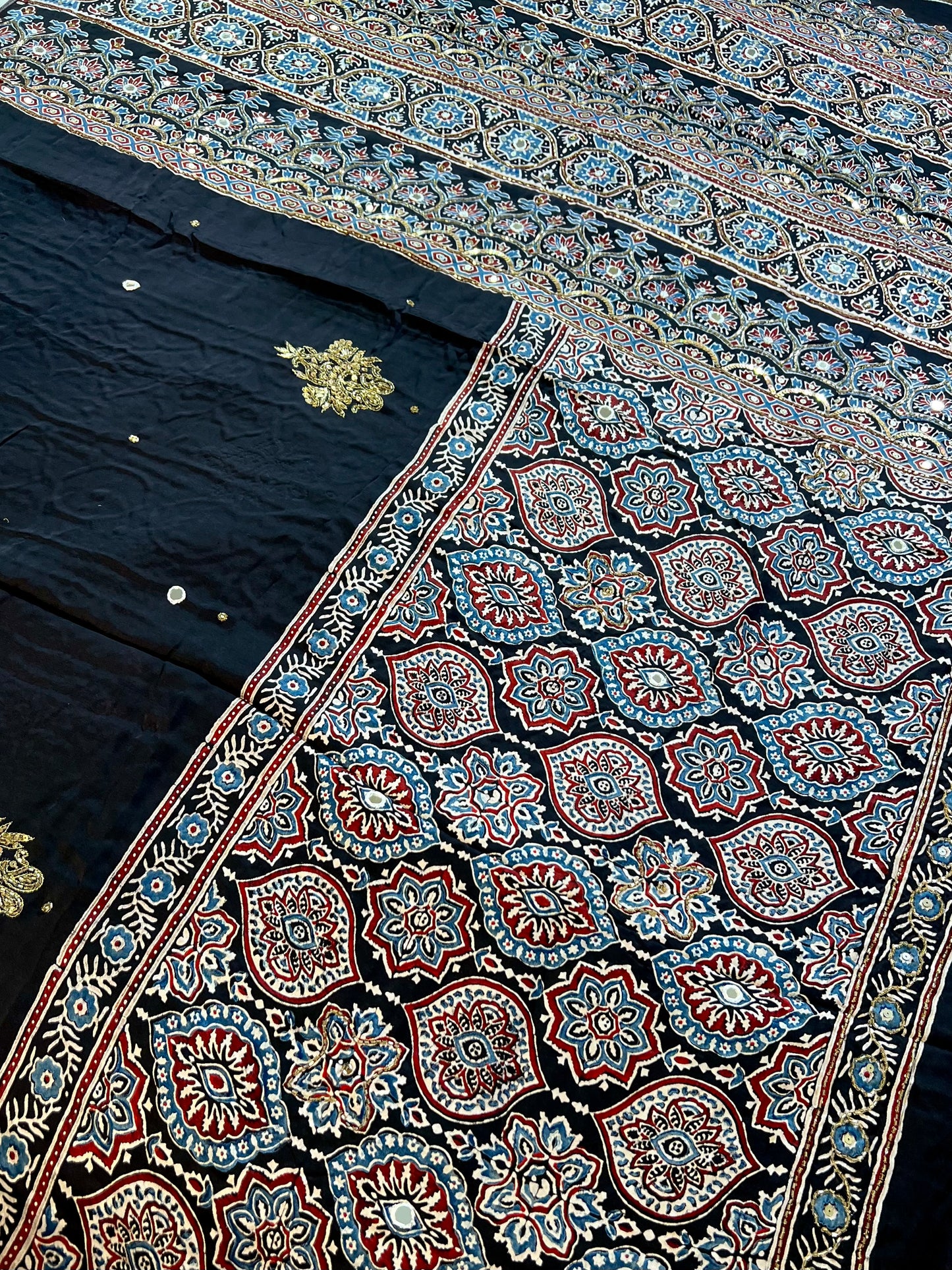 MIDNIGHT BLOOM - Pure Modal Ajrakh Hand Embroidered Saree