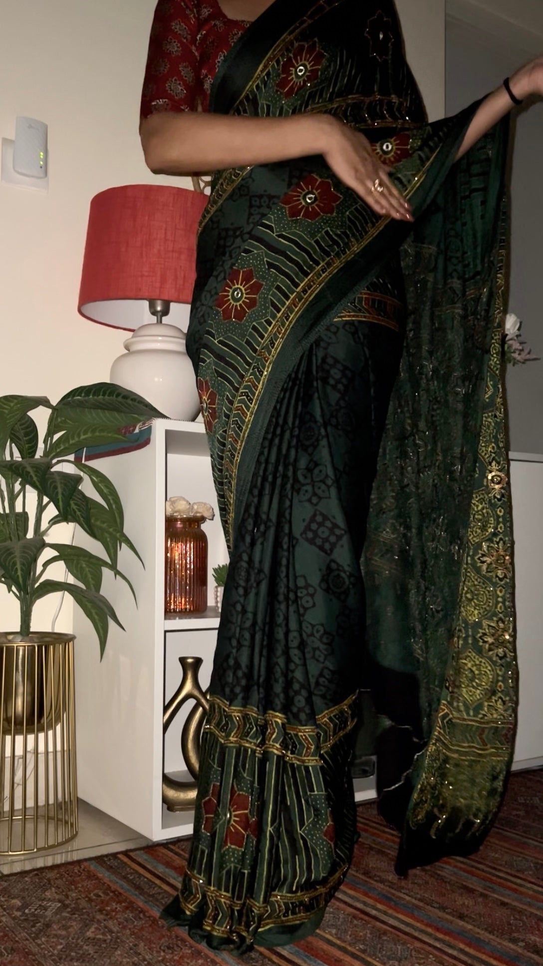 FOREST MIST - Pure Modal Ajrakh Hand Embroidered Saree