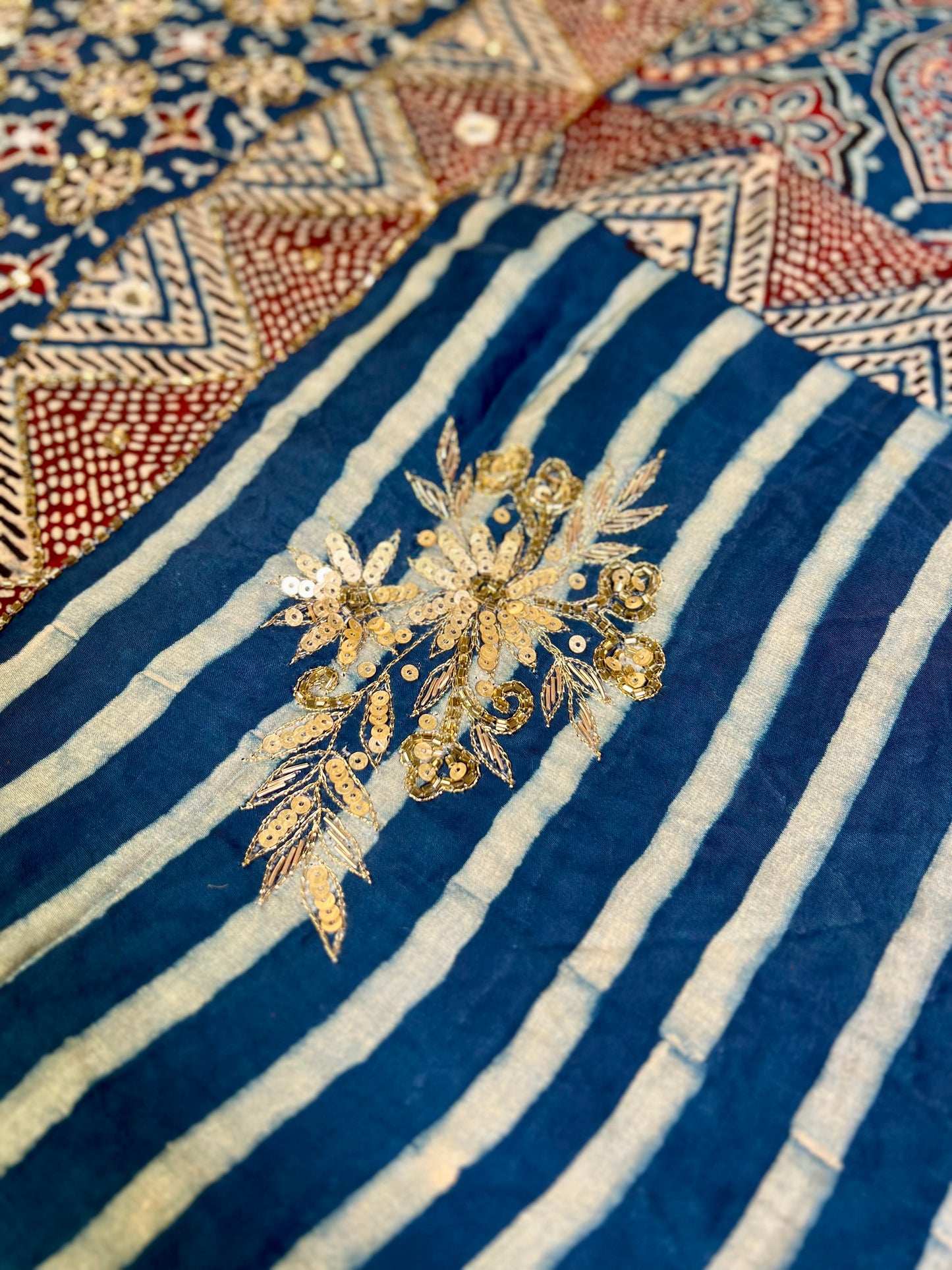 INDIGO STARDUST - Pure Modal Ajrakh Hand Embroidered Saree