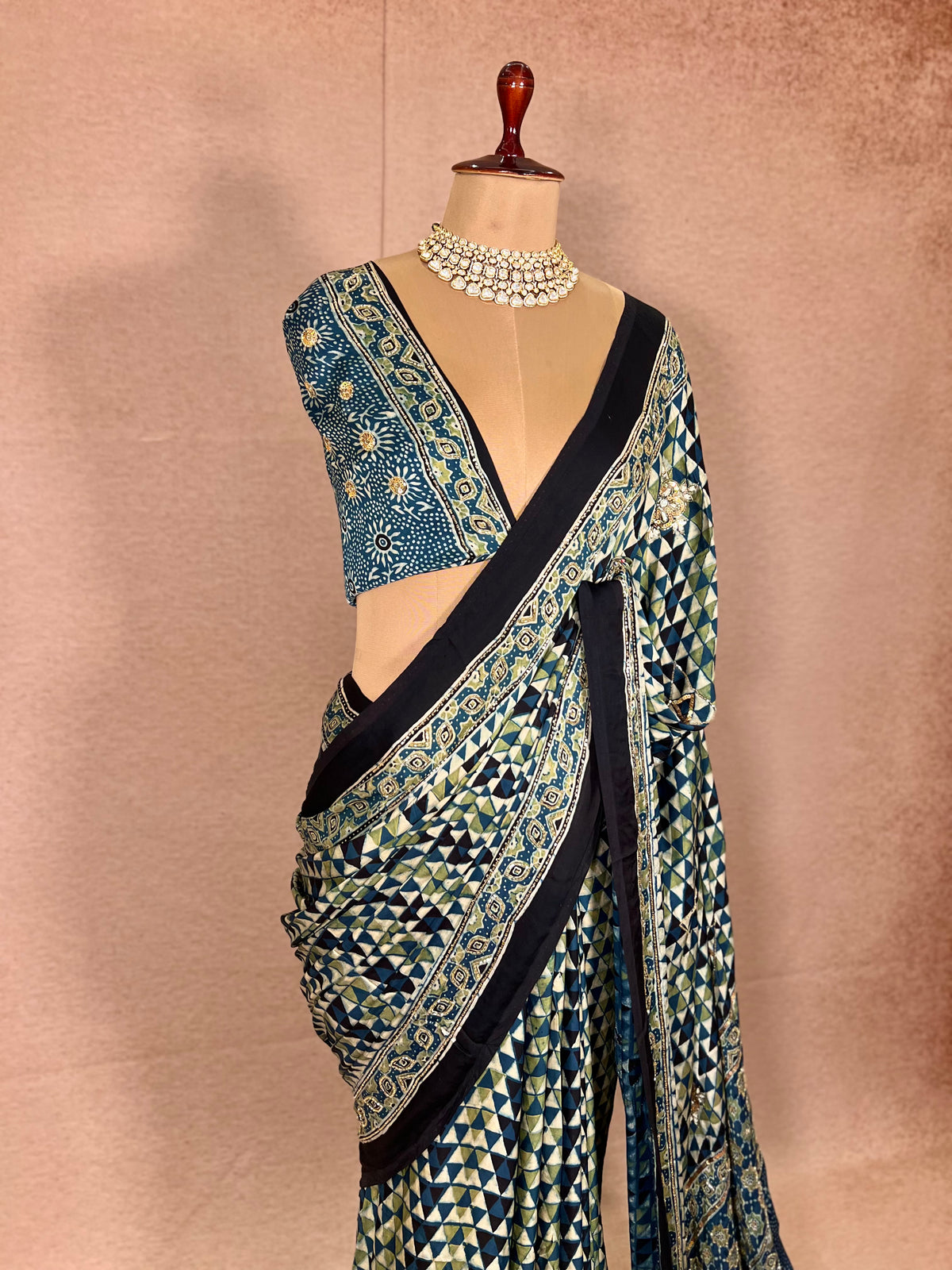 LAGOON DREAM - Pure Modal Ajrakh Hand Embroidered Saree