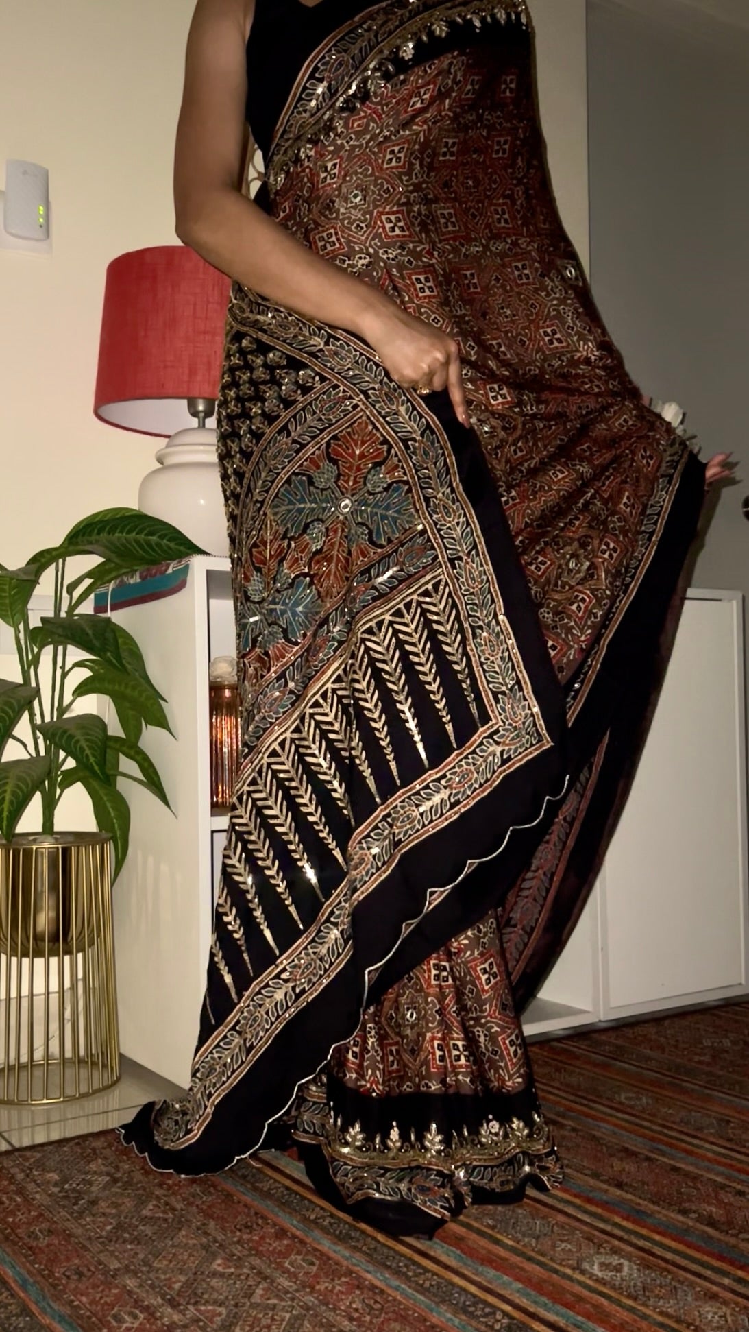 RUSTIC VELVET - Pure Modal Ajrakh Hand Embroidered Saree