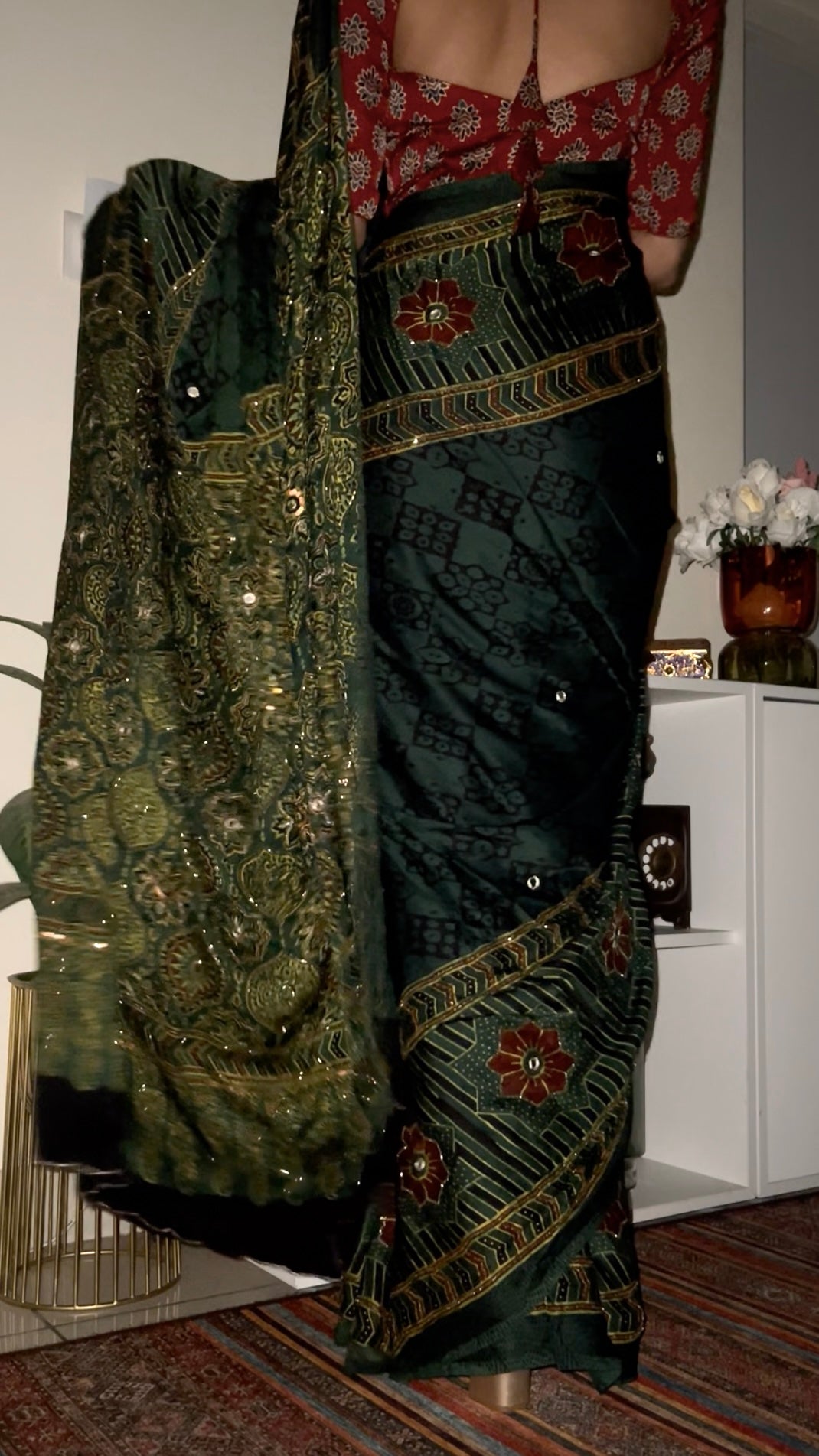 FOREST MIST - Pure Modal Ajrakh Hand Embroidered Saree