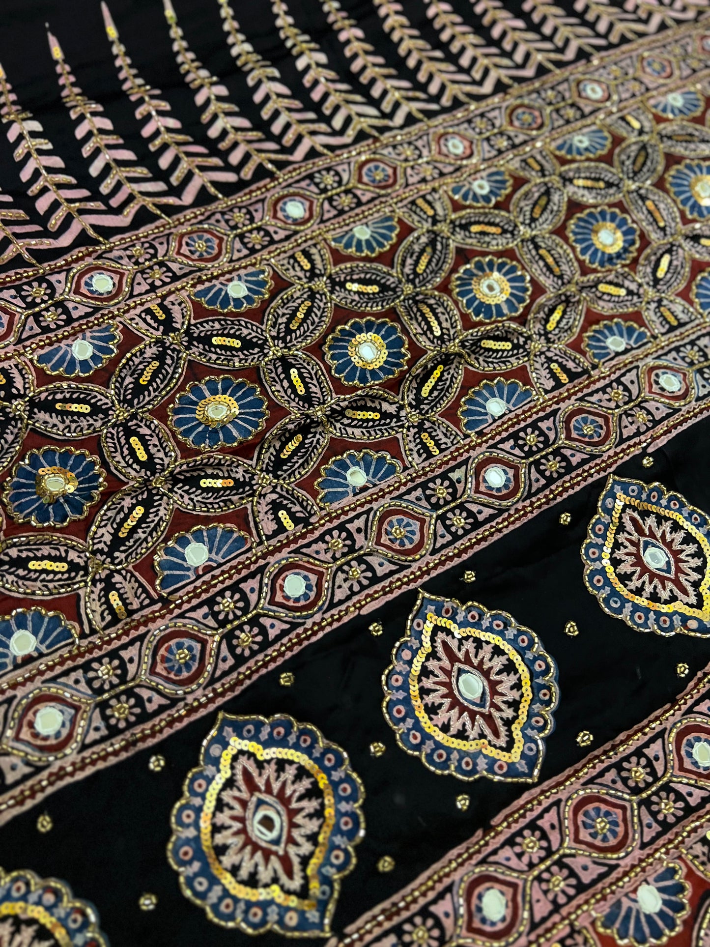 MYSTIC LOTUS - Pure Modal Ajrakh Hand Embroidered Saree