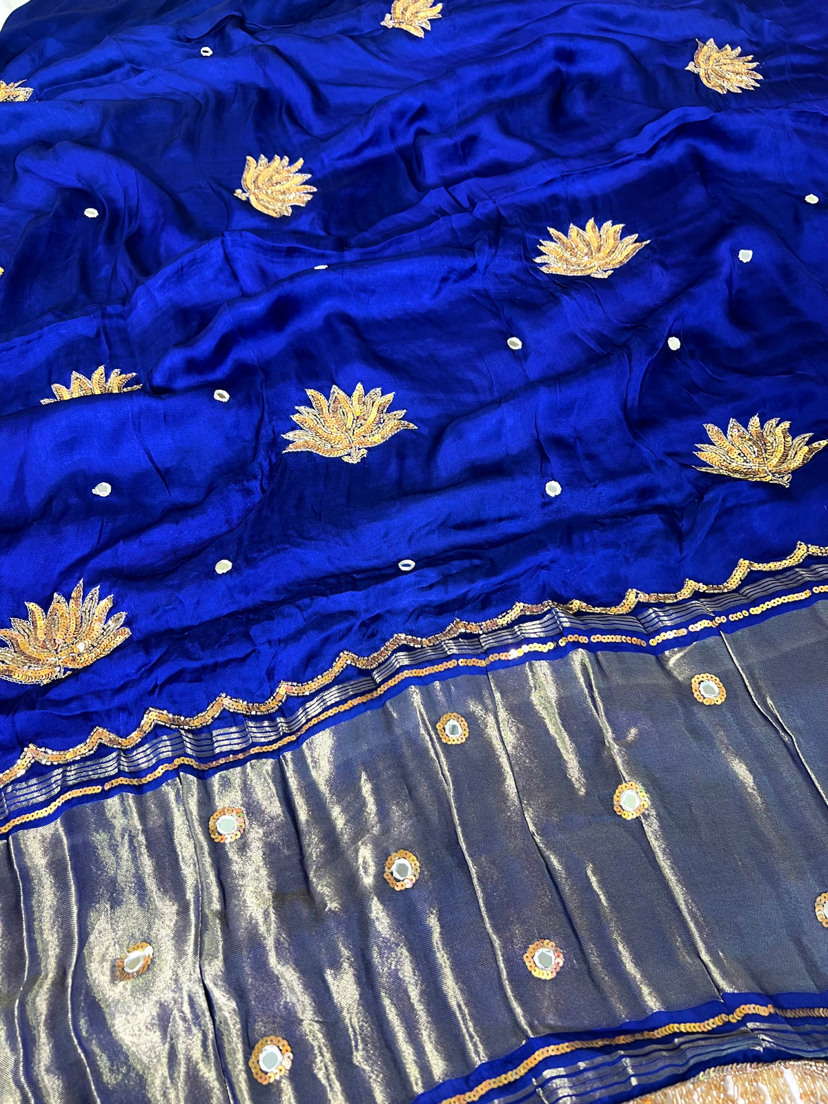 SAPPHIRE LOTUS - Pure Modal Hand Embroidered Saree with Tassels
