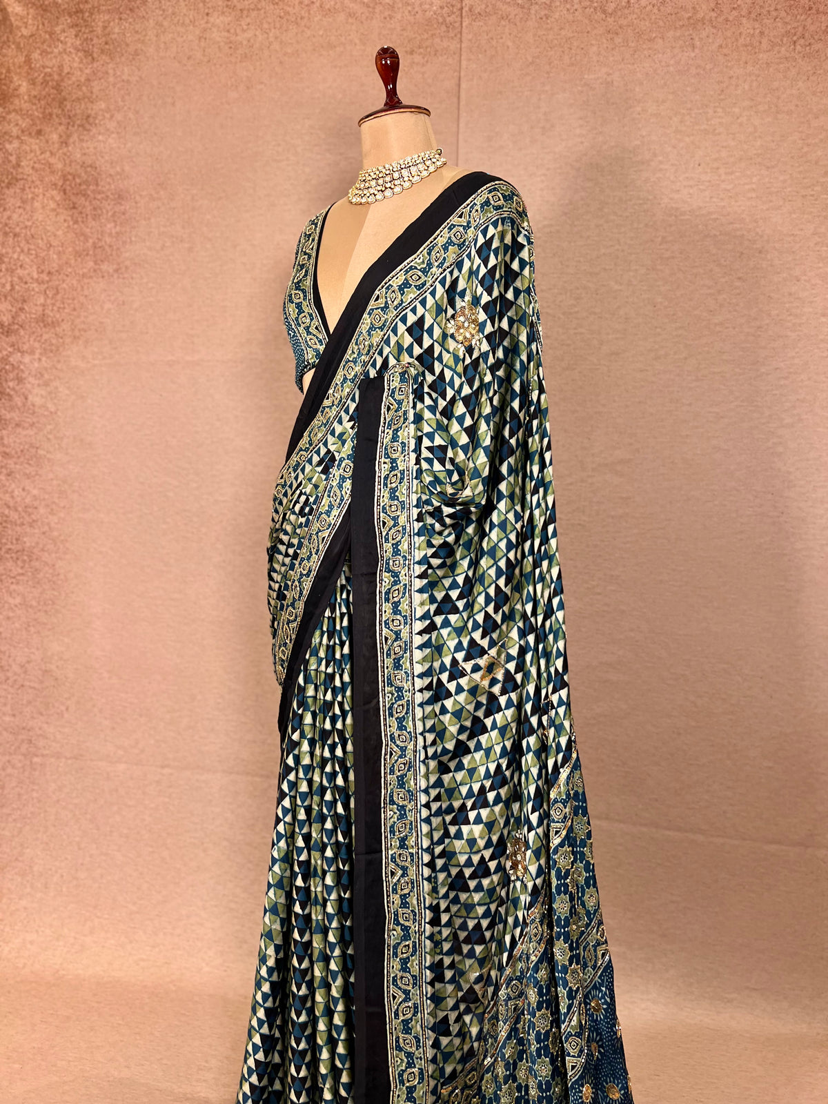 LAGOON DREAM - Pure Modal Ajrakh Hand Embroidered Saree