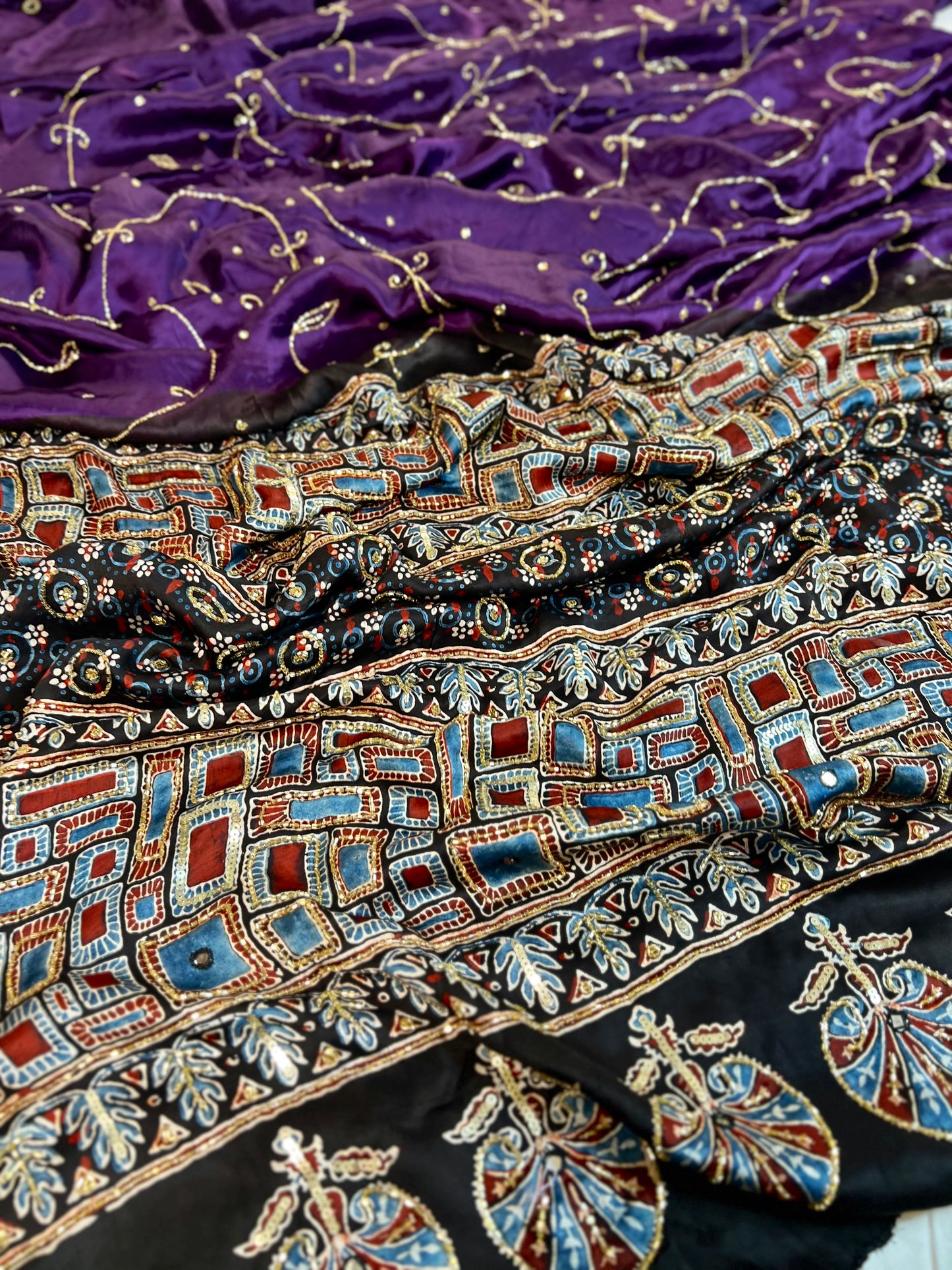 MIDNIGHT AMETHYST - Pure Modal Ajrakh Hand Embroidered Saree