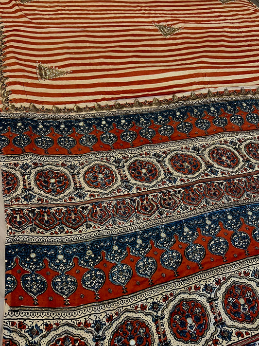 IMPERIAL STRIPES - Pure Modal Ajrakh Hand Embroidered Saree