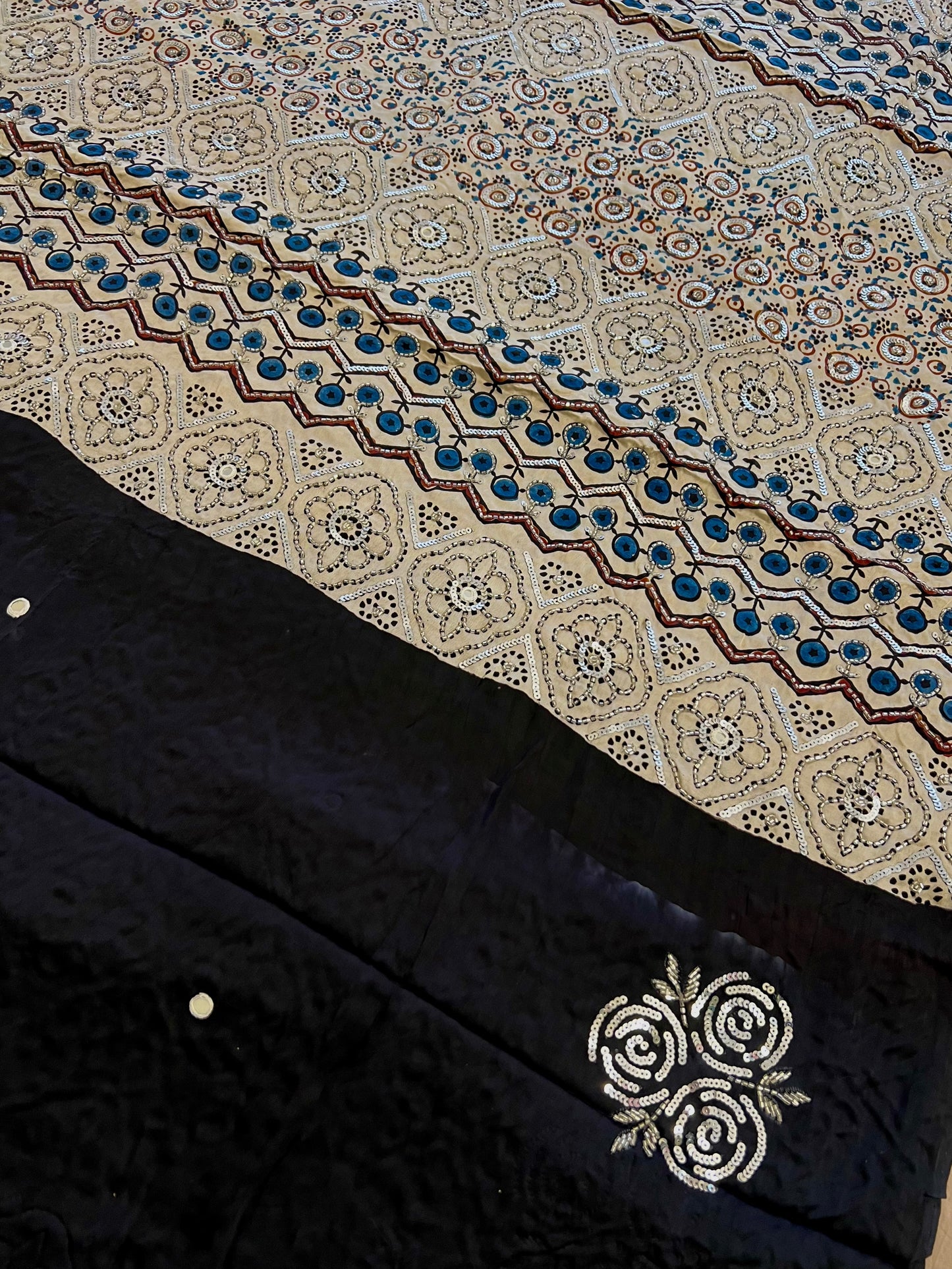 MOONLIT ROSE - Pure Modal Ajrakh Hand Embroidered Saree