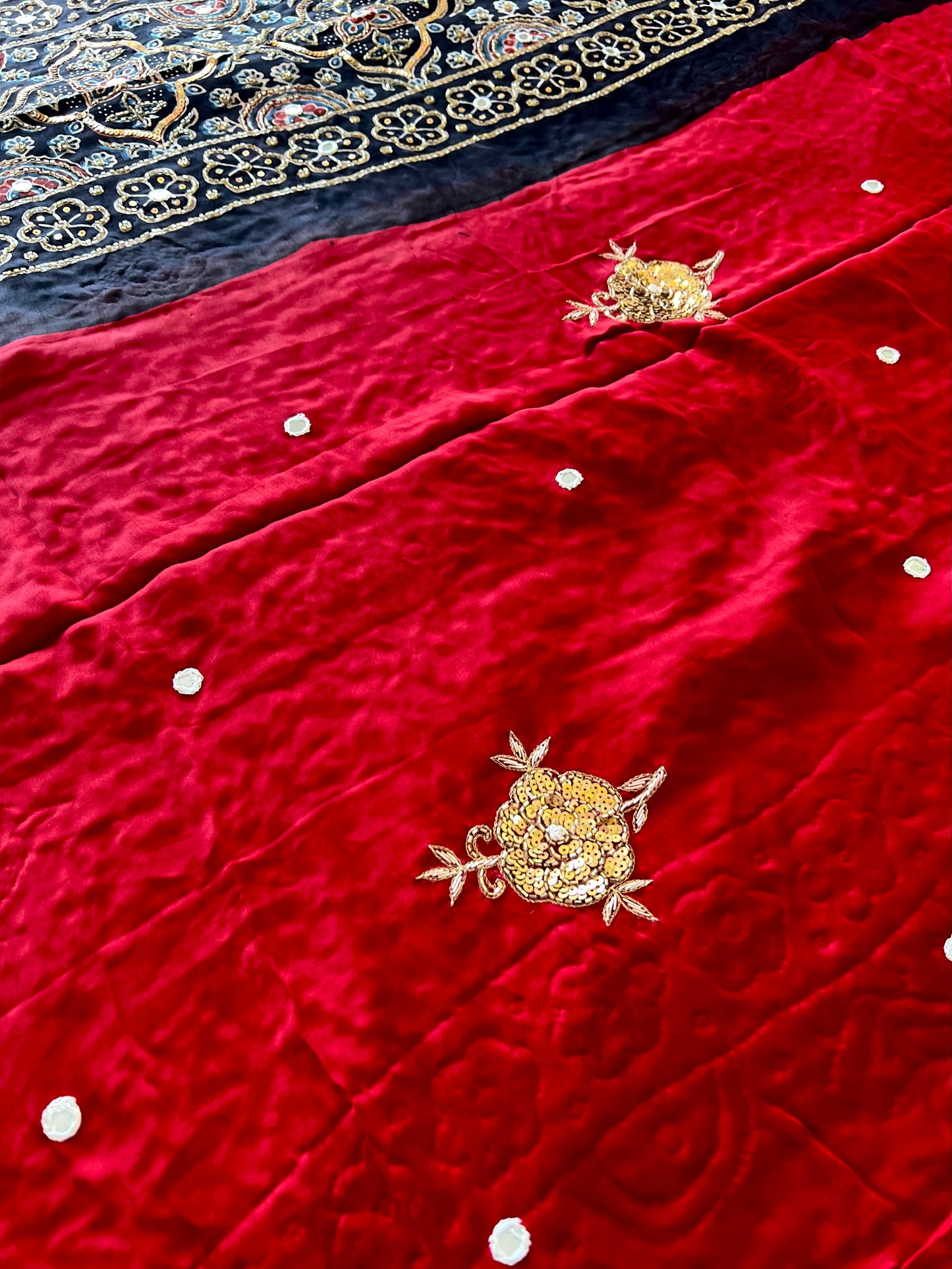 SCARLET ROSE - Pure Modal Ajrakh Hand Embroidered Saree