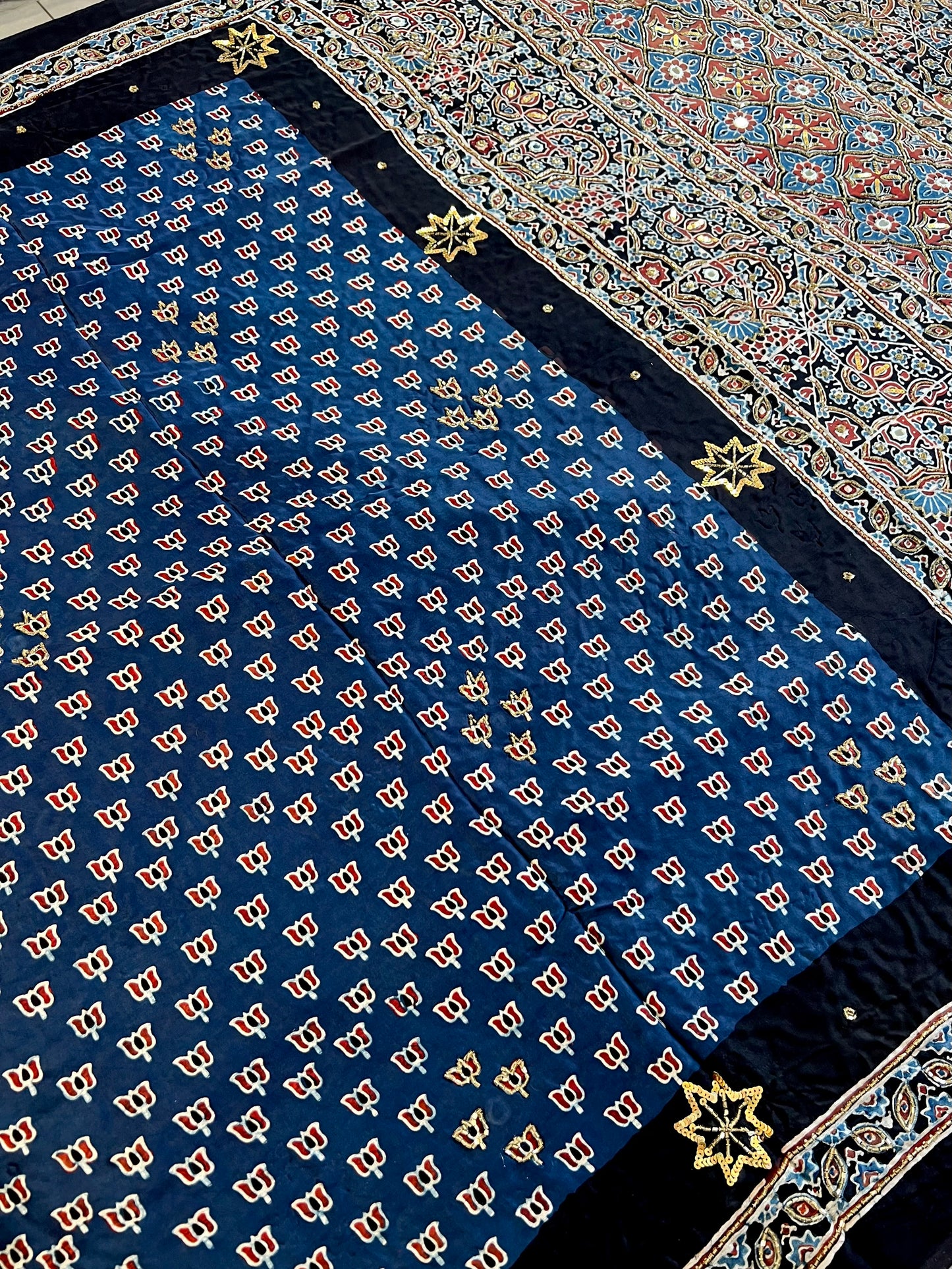 COBALT BLOOM - Pure Modal Ajrakh Hand Embroidered Saree