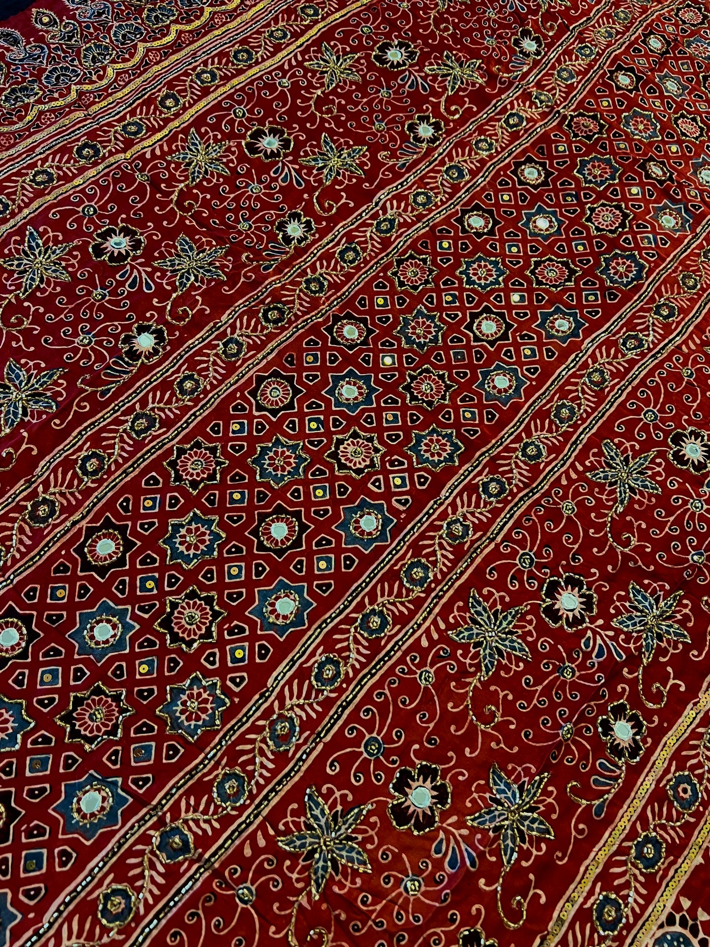 GARNET BLOOM - Pure Modal Ajrakh Hand Embroidered Saree