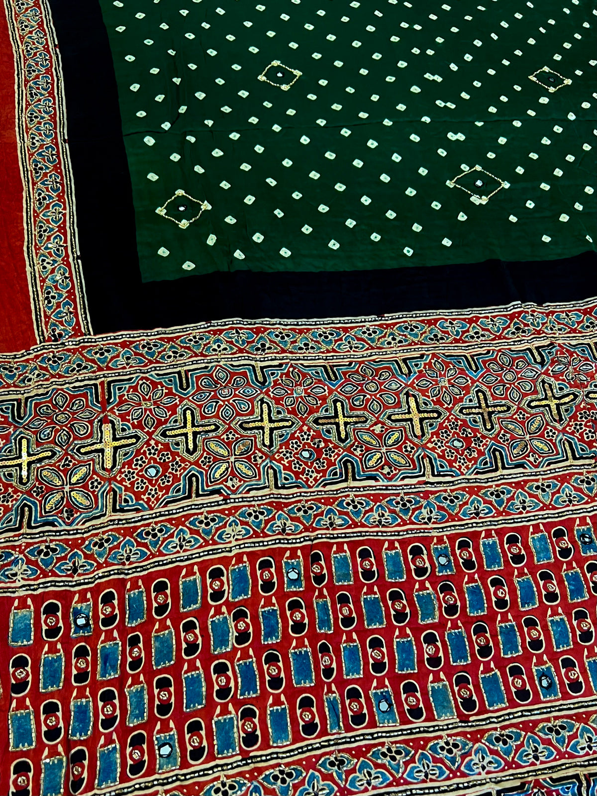 GREEN GRANDEUR - Pure Modal Bandhani Ajrakh Hand Embroidered Saree