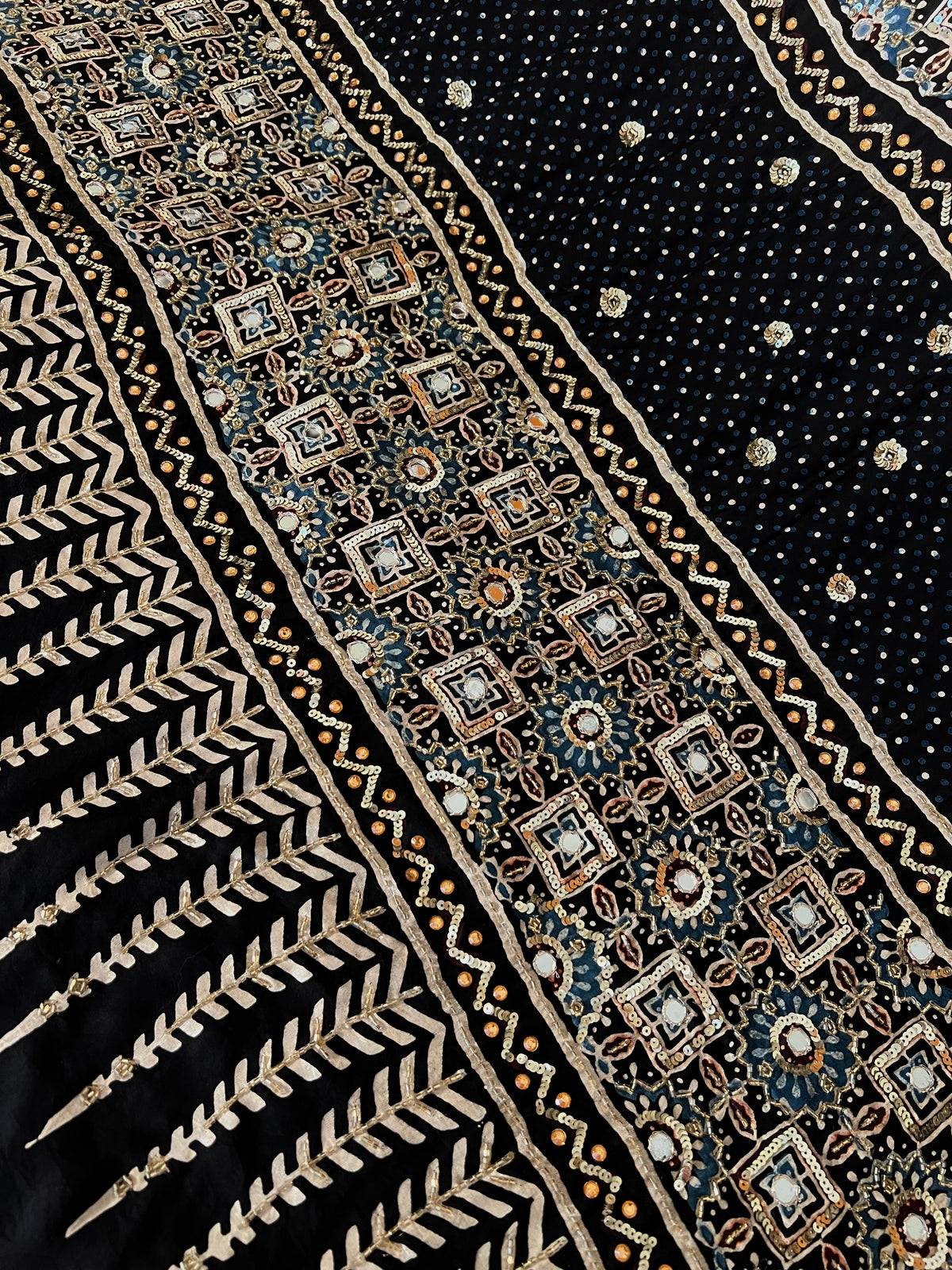 GOLDEN ROSE - Pure Modal Ajrakh Hand Embroidered Saree