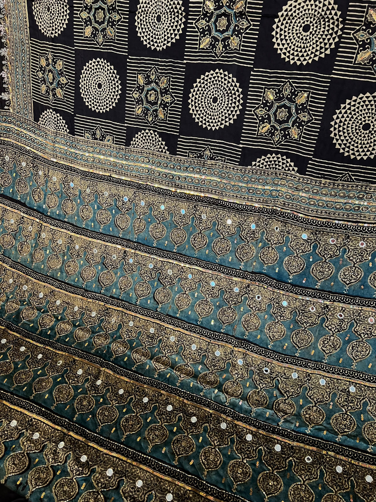 SMOKEY LAGOON - Pure Modal Ajrakh Hand Embroidered Saree