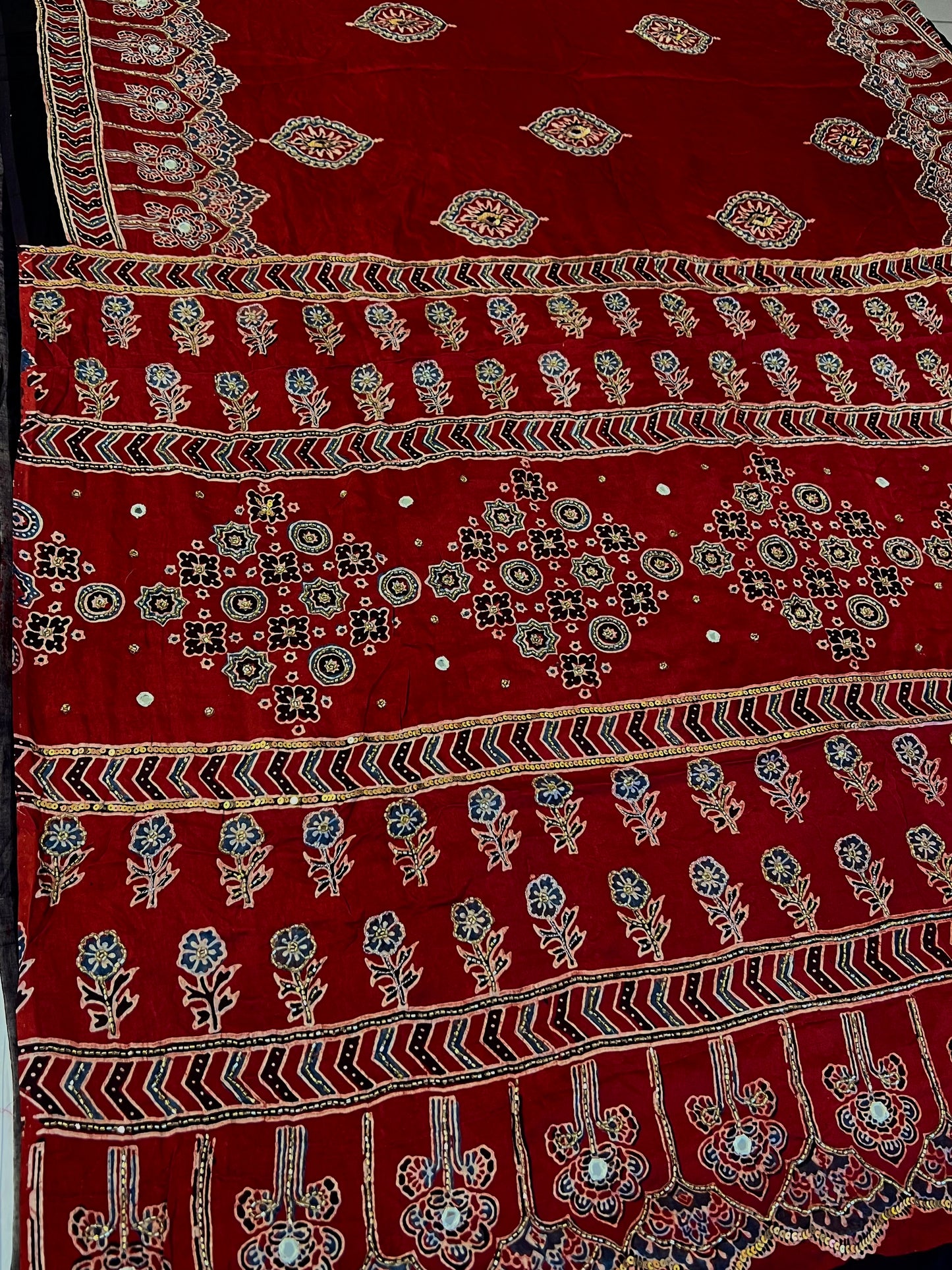 GARNET FLAME - Pure Modal Ajrakh Hand Embroidered Saree