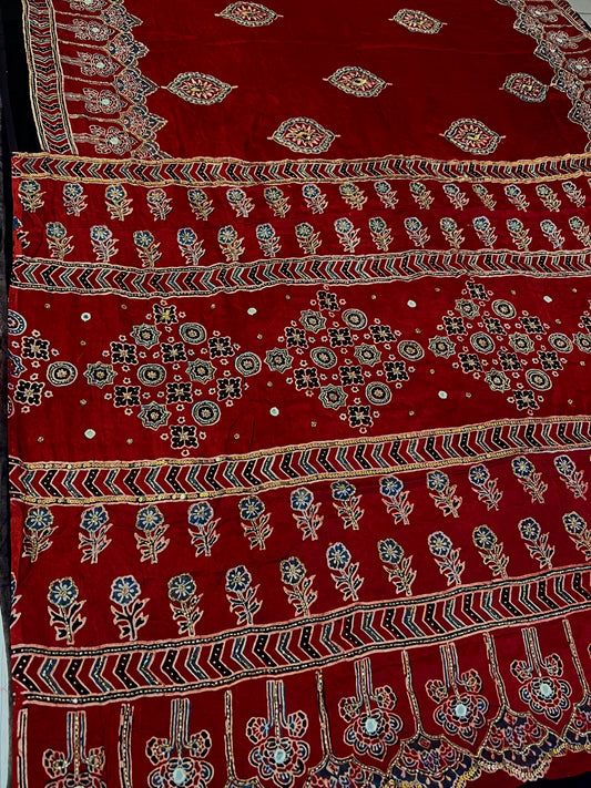GARNET FLAME - Pure Modal Ajrakh Hand Embroidered Saree