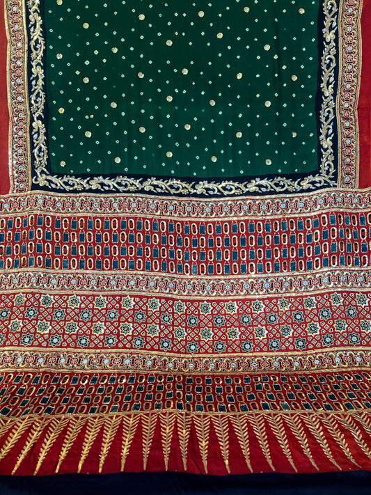 GREEN OPULENCE - Pure Modal Bandhani Ajrakh Hand Embroidered Saree
