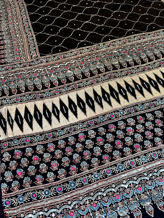CELESTIAL NIGHT - Pure Modal Ajrakh Hand Embroidered Saree