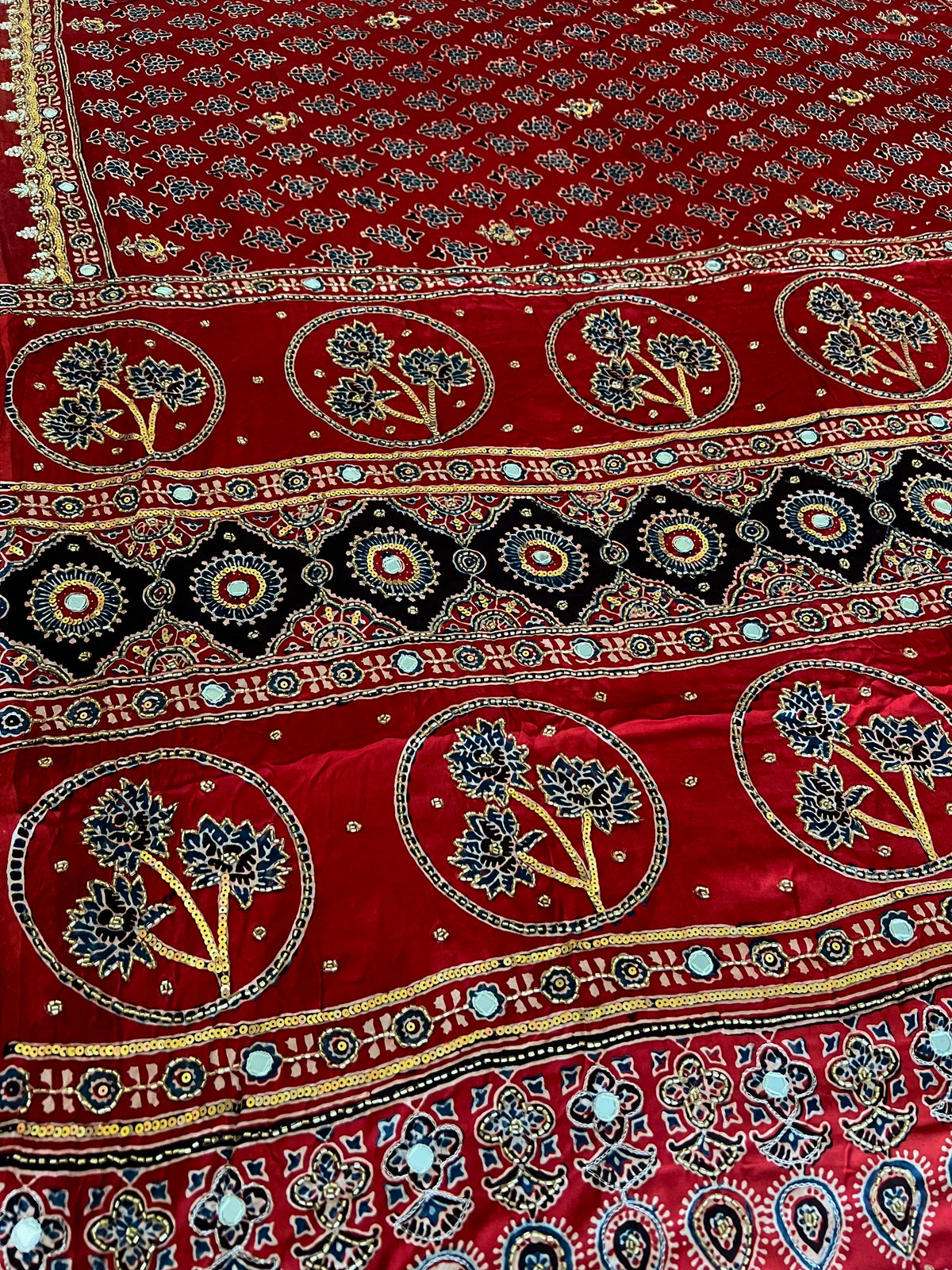 RUBY PARADISE - Pure Modal Ajrakh Hand Embroidered Saree