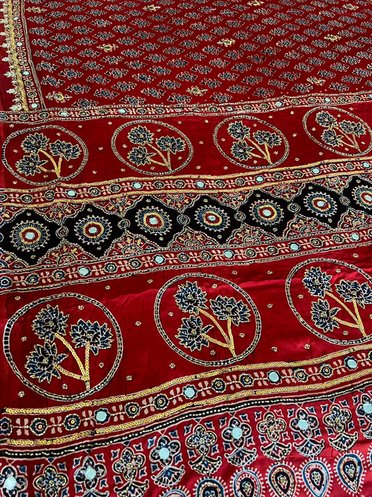 RUBY PARADISE - Pure Modal Ajrakh Hand Embroidered Saree