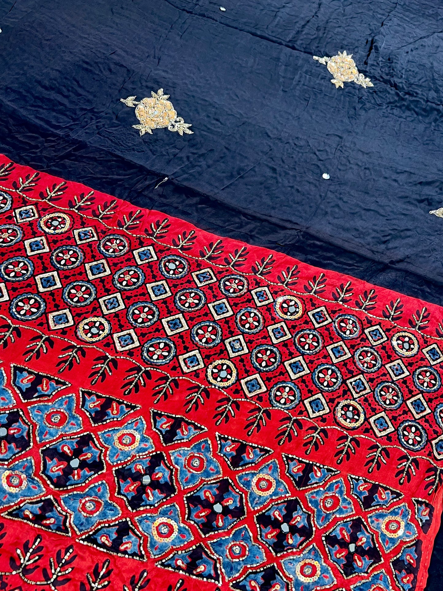 TWILIGHT ROSE - Pure Modal Ajrakh Hand Embroidered Saree