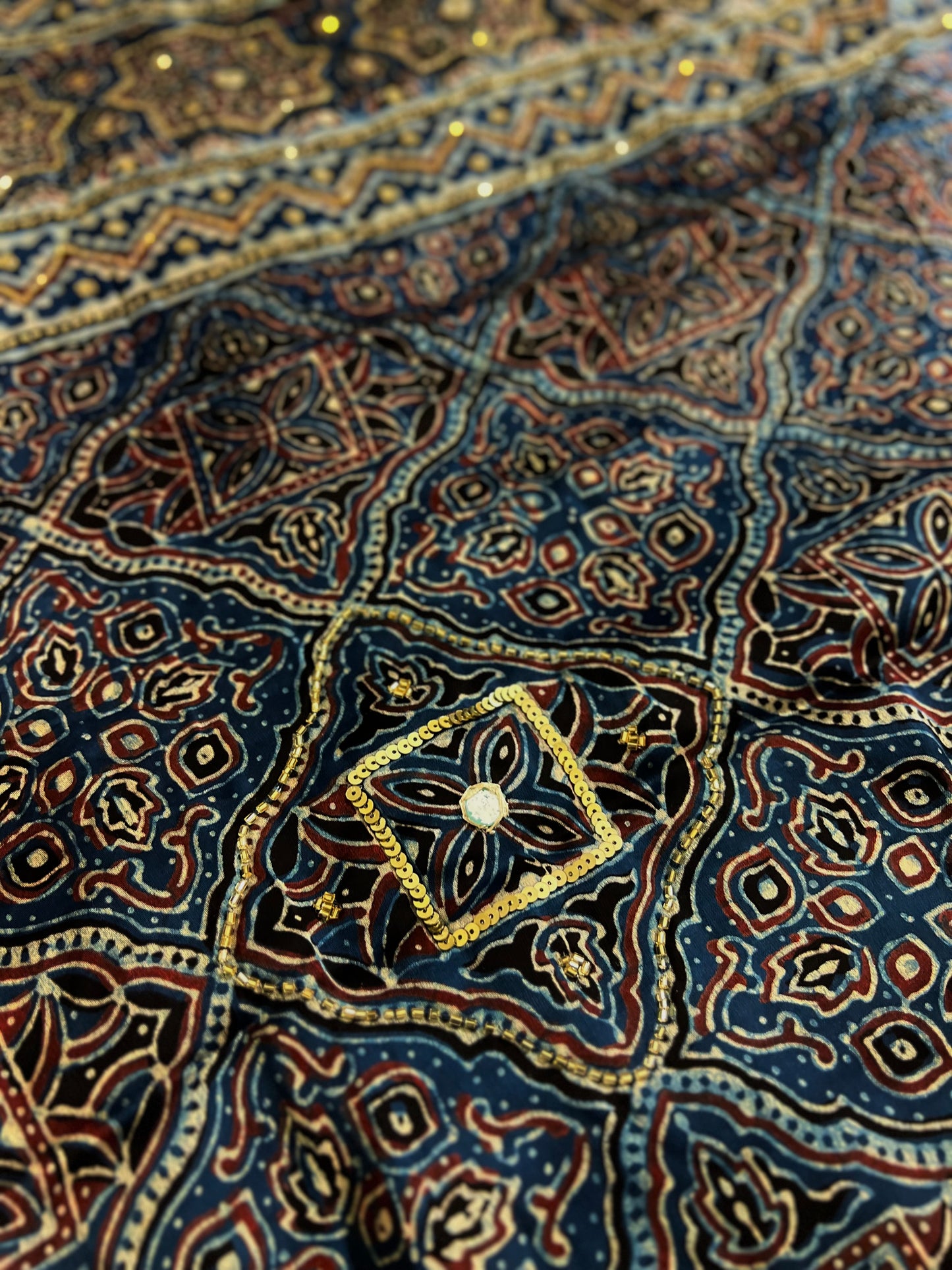AZURE MUSE - Pure Modal Ajrakh Hand Embroidered Saree