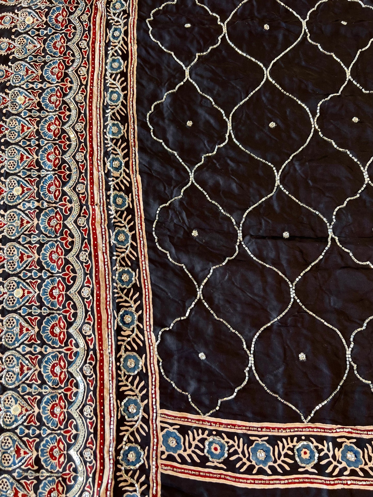 Celestial Night - Pure Modal Ajrakh Hand Embroidered Saree