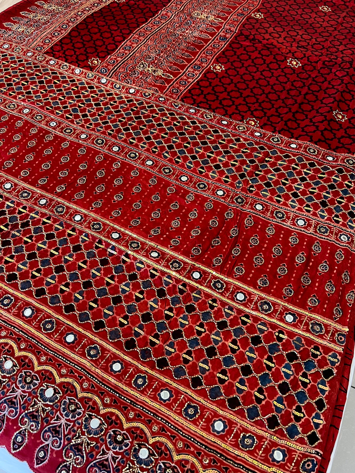 CHERRY BLOOM - Pure Modal Ajrakh Hand Embroidered Saree
