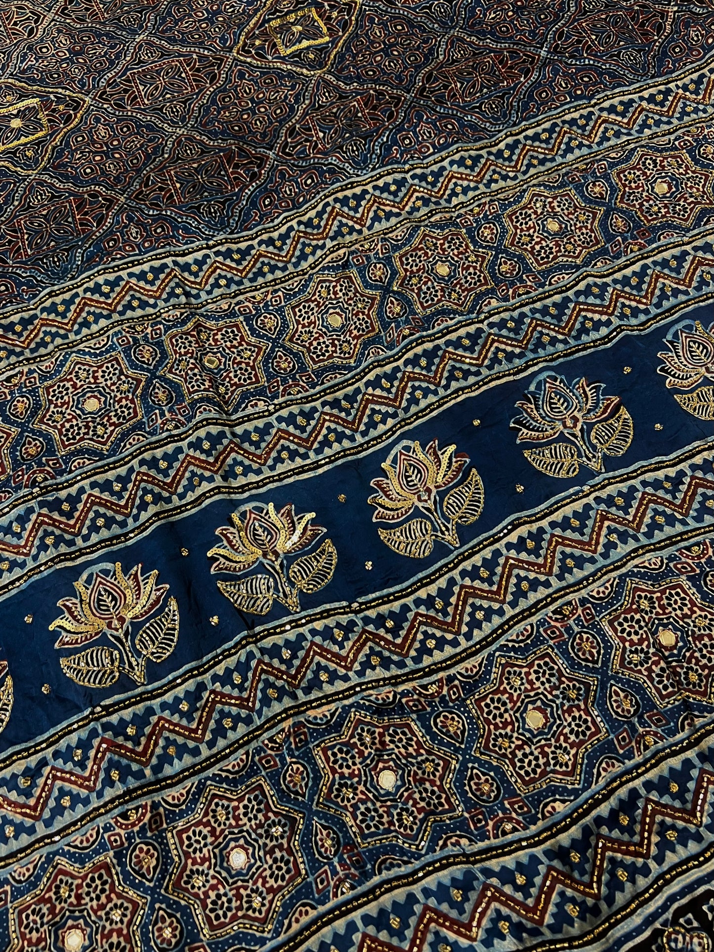 AZURE MUSE - Pure Modal Ajrakh Hand Embroidered Saree