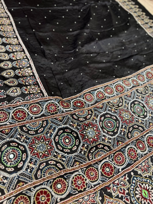 Black Pure Modal Silk Ajrakh Hand Embroidered Saree