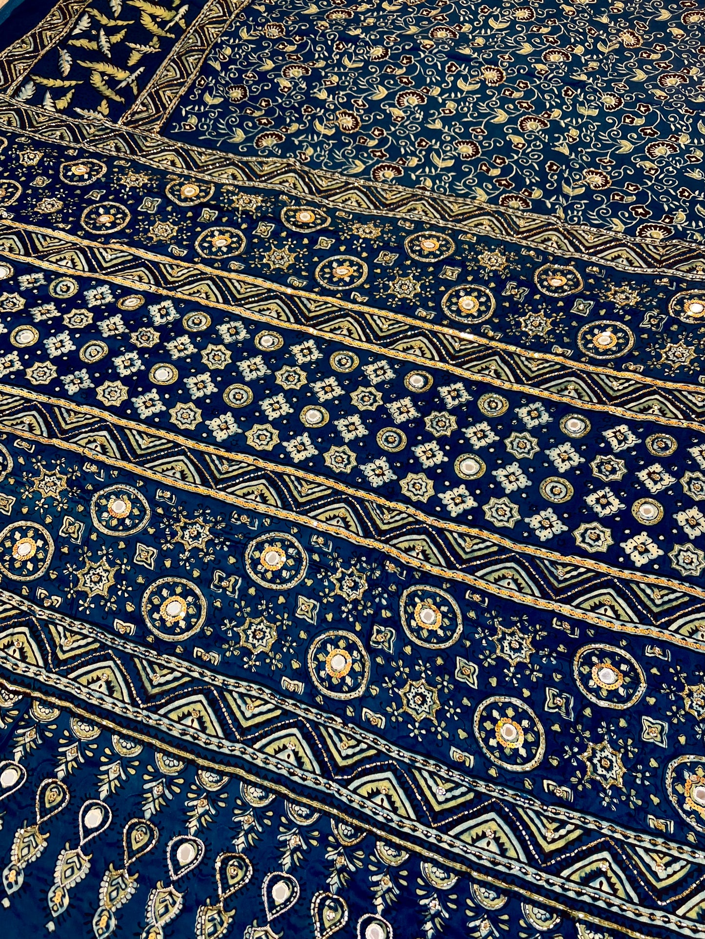 AZURE DREAMS - Pure Modal Ajrakh Hand Embroidered Saree