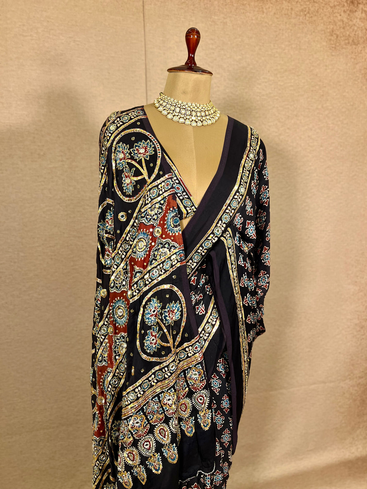 SPARKLE BLOOM - Pure Modal Ajrakh Hand Embroidered Saree