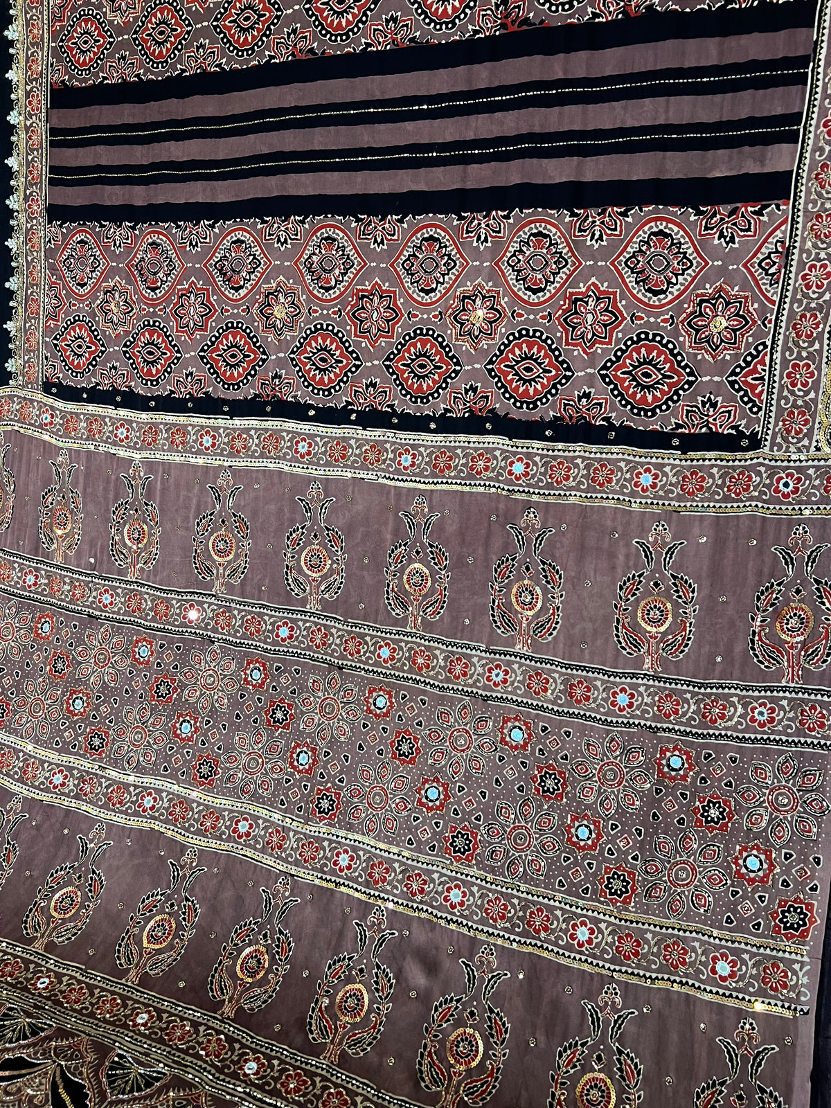 CHESTNUT DREAM - Pure Modal Ajrakh Hand Embroidered Saree