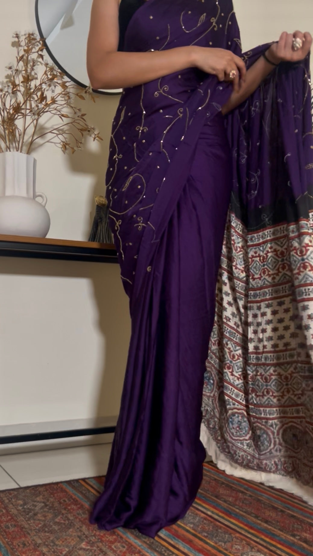 MOONLIT AMETHYST - Pure Modal Ajrakh Hand Embroidered Saree