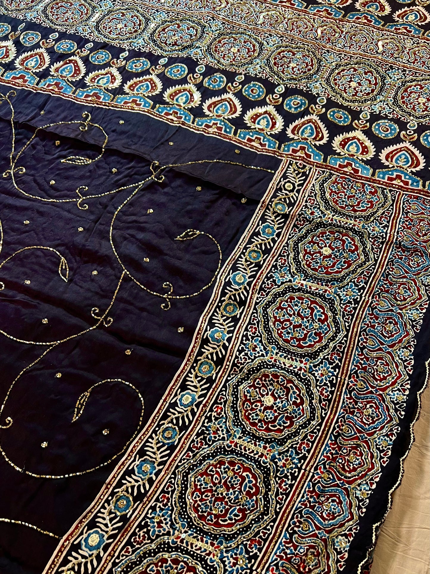 MIDNIGHT SHIMMER - Pure Modal Ajrakh Hand Embroidered Saree