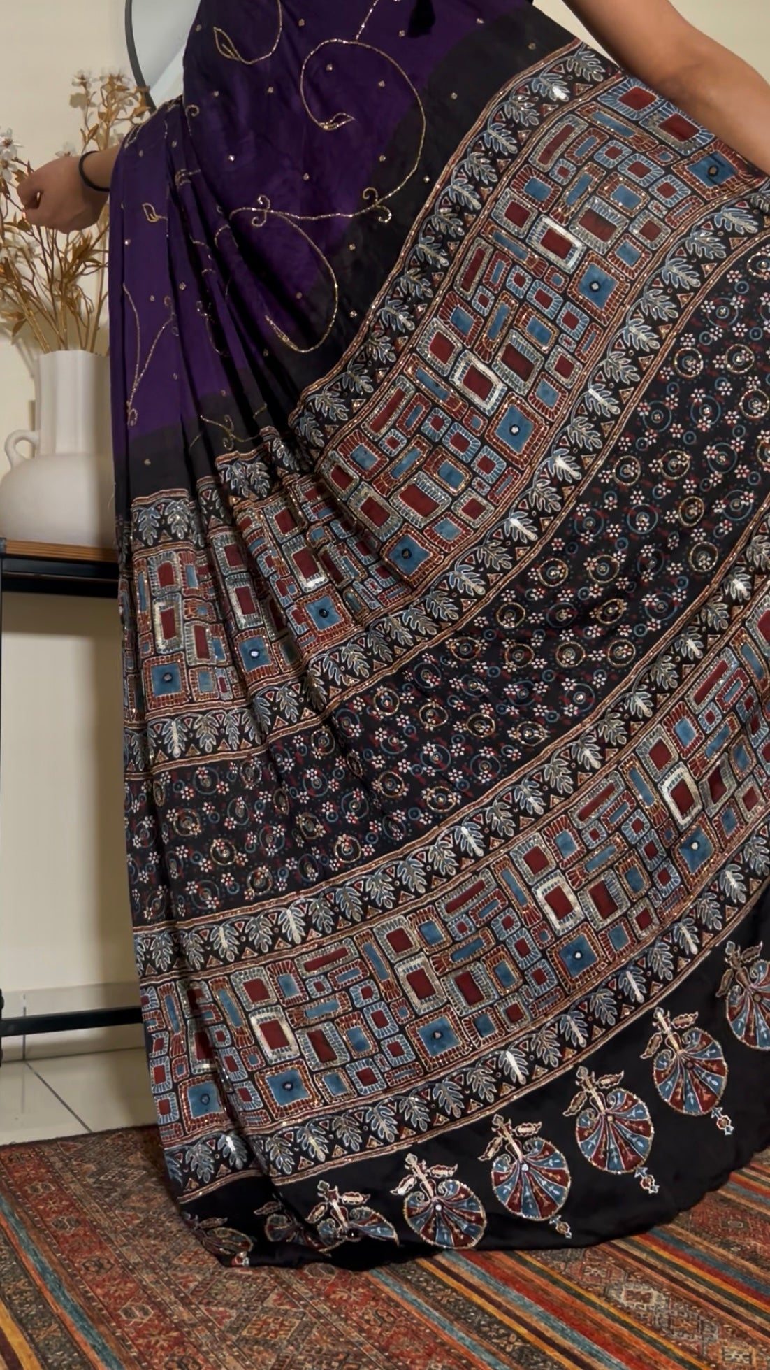 MIDNIGHT AMETHYST - Pure Modal Ajrakh Hand Embroidered Saree